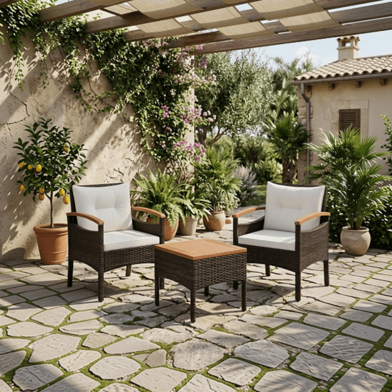 Image of 3pcs Set, Wicker Armchairs & Side Table Set With Acacia Wood Tabletop & Armrests, Outdoor Rattan Chair Set With Cushions For Backyard, Porch, Poolside