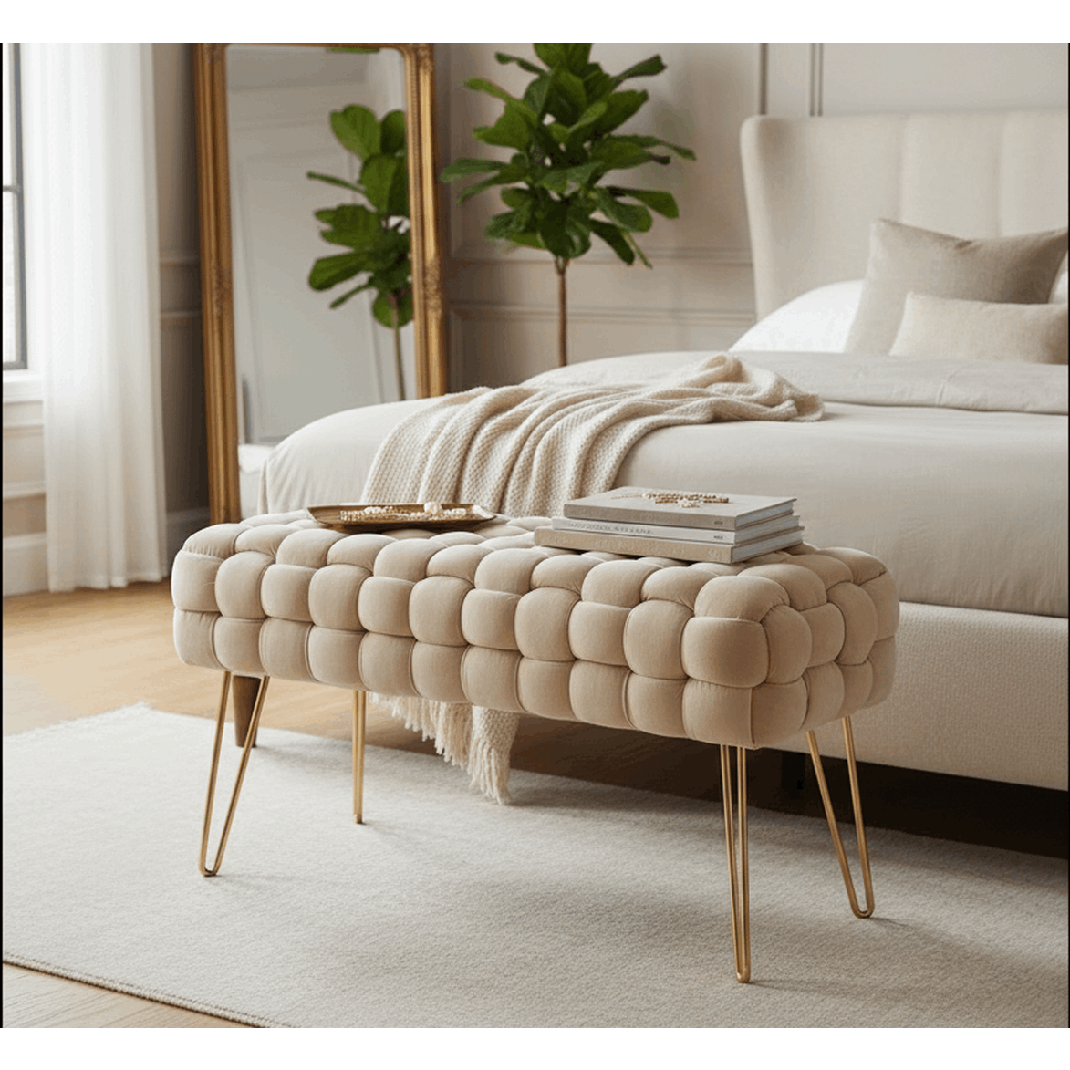 Modern Velvet Bench, Square Ottoman Footstool With Gold-colored Metal Legs, Padded Seat Stool, Knitted Velvet Bench