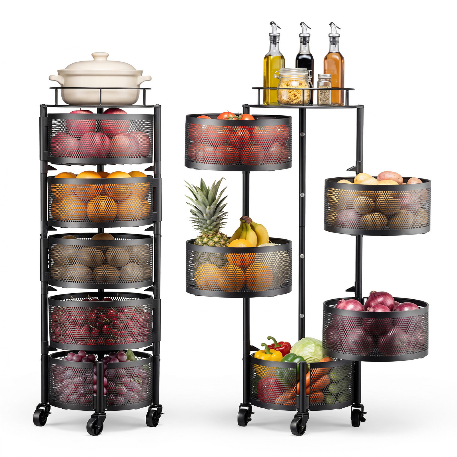 Vevor Rotating Storage Rack Cart, 5 Tier Fruit And Vegetable Basket Bowls, Heavy Duty Wire Basket Organizer On Wheels, Large Capacity Stand With Metal Top Lid, For Kitchen Bathroom Nursery, Black