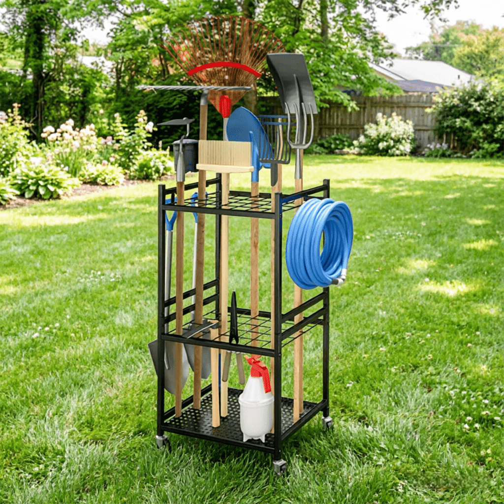 TEMU Heavy Duty Wrought Iron Garden Storage Rack, Wall Mounted Tool & Plant Hanger, Outdoor Shelving Unit