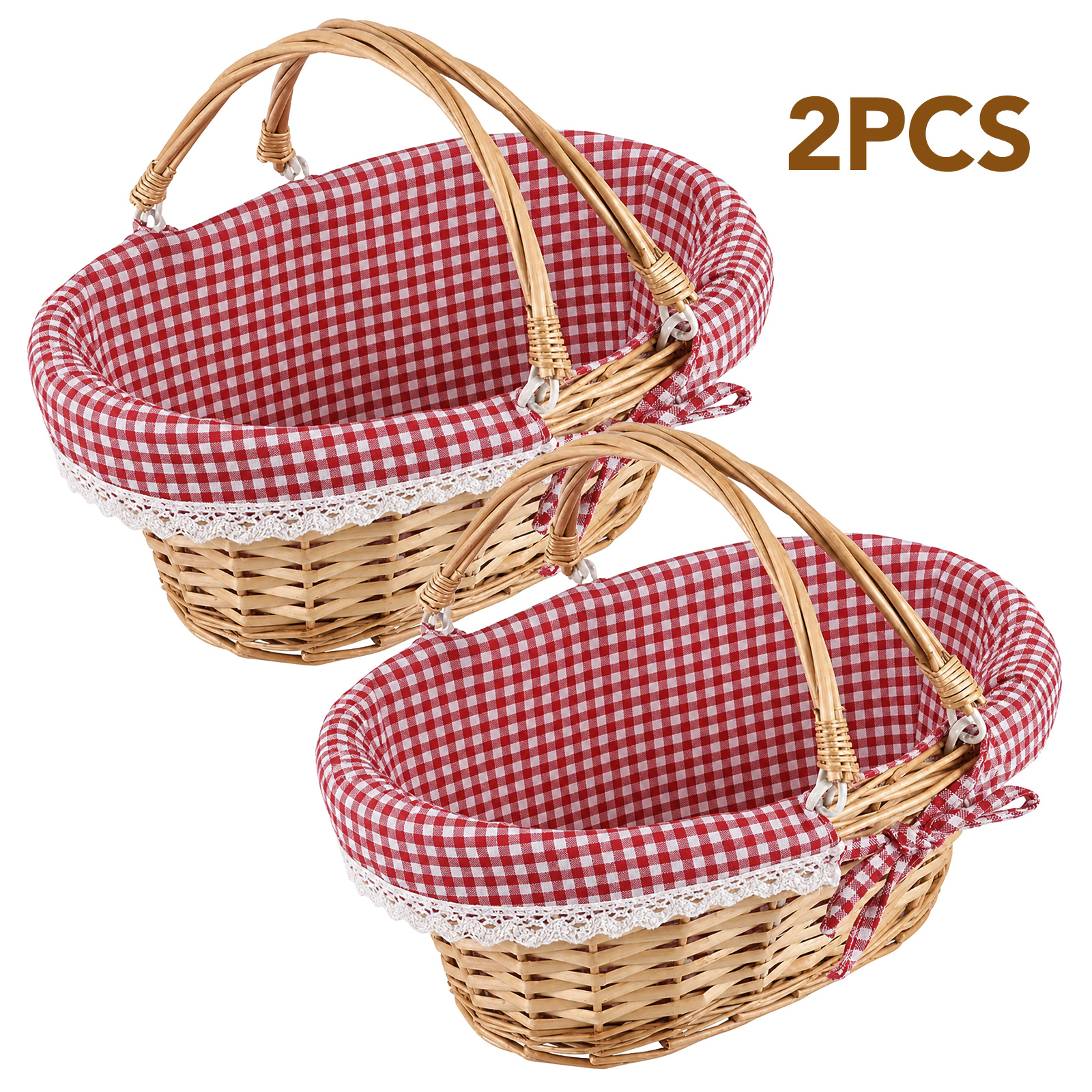 TEMU 2pcs With Double Handles And Gingham Liner, Small Hand Woven Gifts Basket Empty For Easter, Picnics, Gifts, Home Decor, Storage, Shelf Baskets