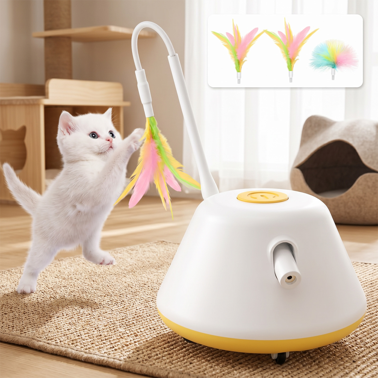 4-piece Cat Toy Set – 1 Yellow Main Part & 3 Replacement Feather Heads