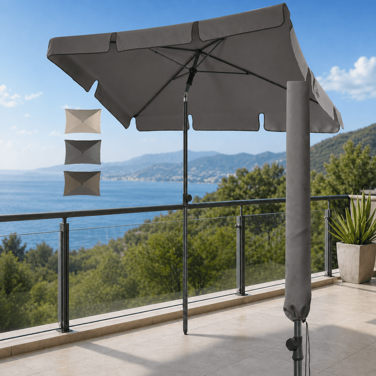 Lindenstein Rectangular Balcony Sun Umbrella 200x125 Cm – Uv50+ Sun Protection, Height-adjustable & Foldable – Includes Cover Or Complete Set With Umbrella Holder For Balcony Railings – , Beige, Taupe