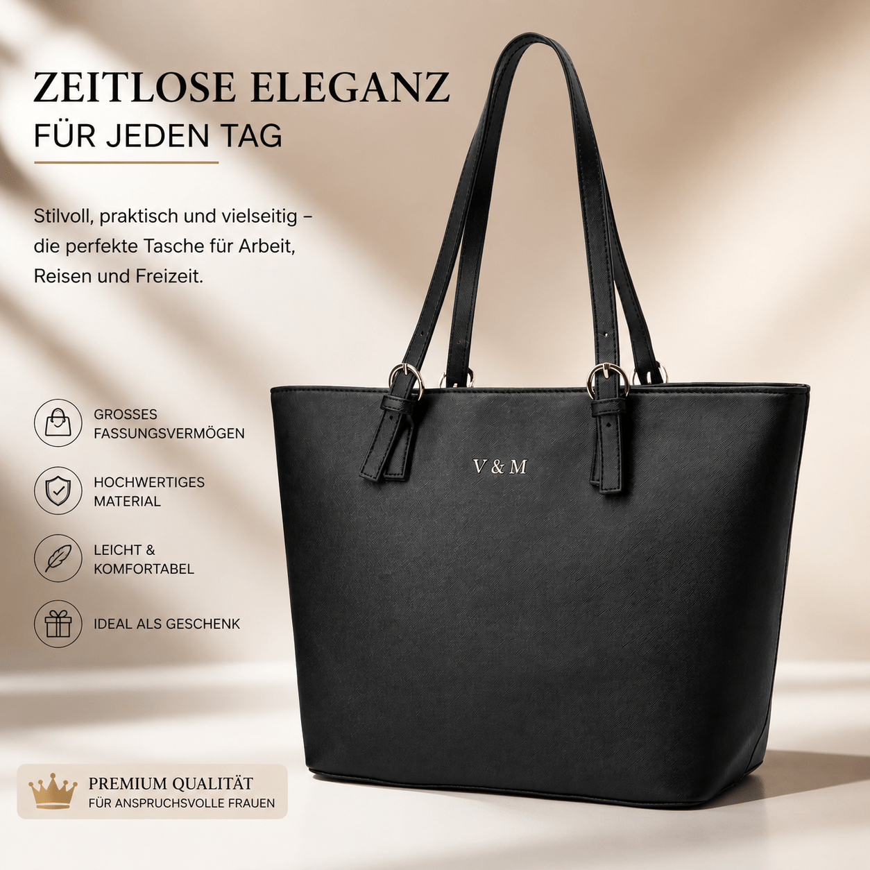 Large Ladies Handbag Black – Shopper Bag, Handbag & Shoulder Bag In One, For Leisure & Work