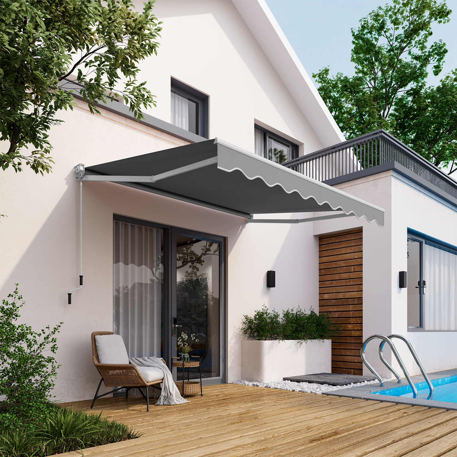 Manual Retractable Awning 245 X 200cm, Balcony Awning With Aluminum Crank, Adjustable Angle And Wavy Edge, Outdoor Awning