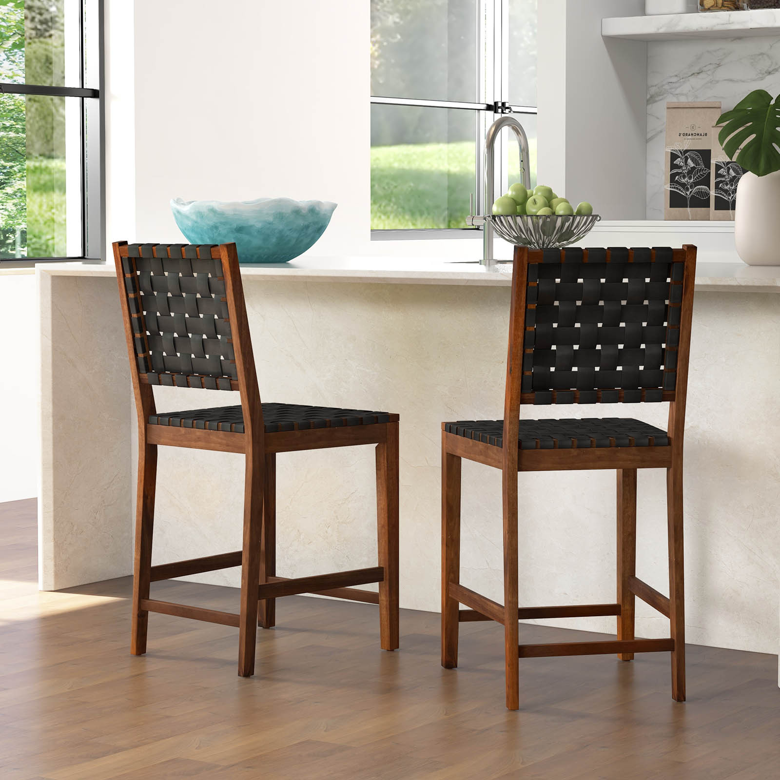 TEMU Gymax 2pcs Woven Bar Stools, 24-inch Counter Height Chairs With Faux Pu Leather Straps, Comfortable Back Support, Solid Wood Frame For Kitchen,