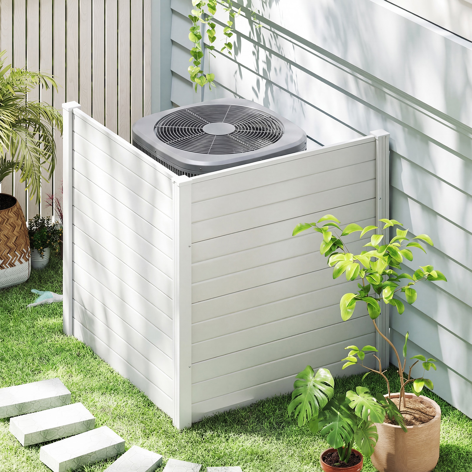 Image of White Pp Privacy Fence Screen 48" H X 48" W, 2 Panels, Air Conditioner Trash Can Pool Equipment Enclosure With Galvanized Ground Stakes, Outdoor Decorative Garden Patio Backyard Fence