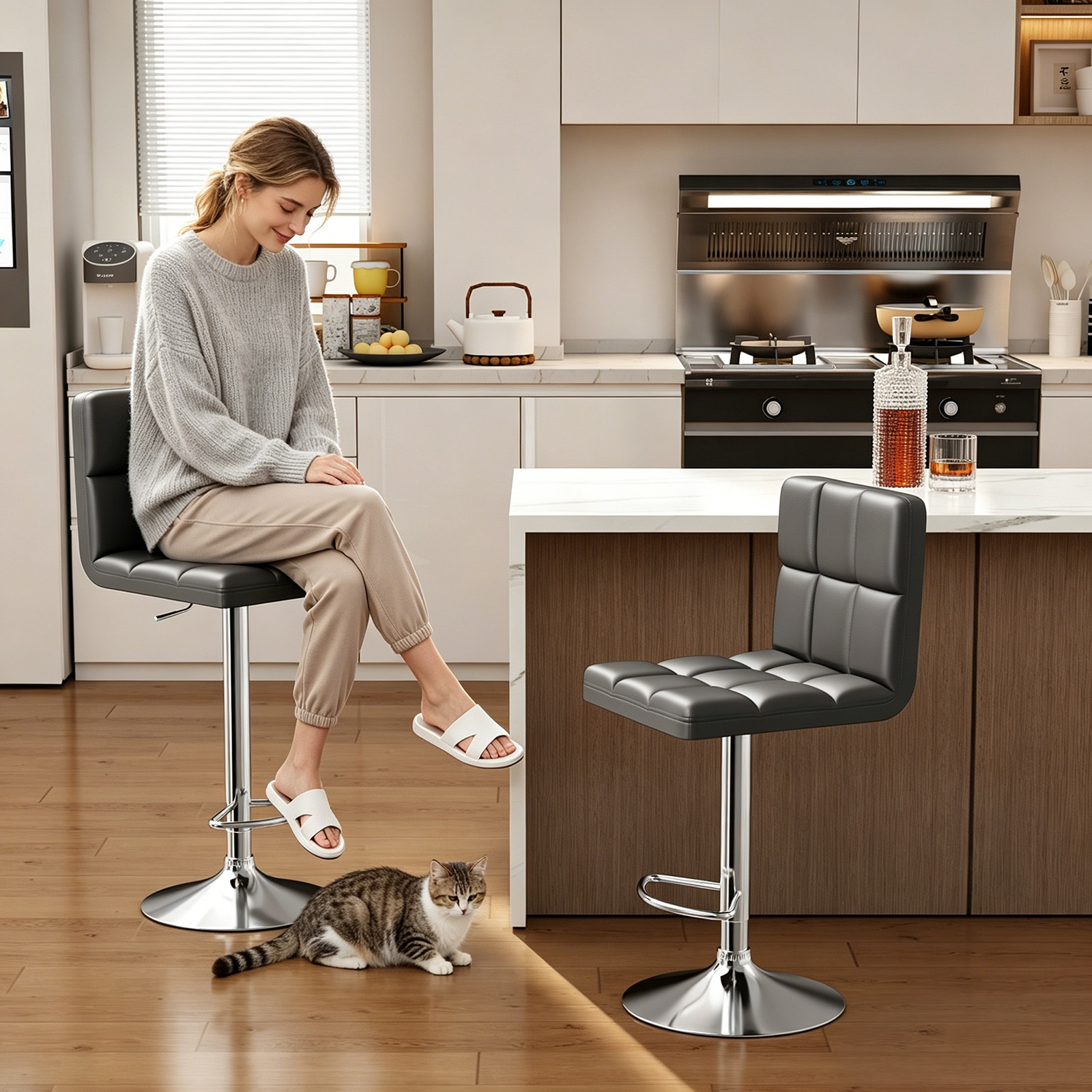 Image of Bar Stool Set Of 2 —, Upholstered, Height Adjustable Bar Stool