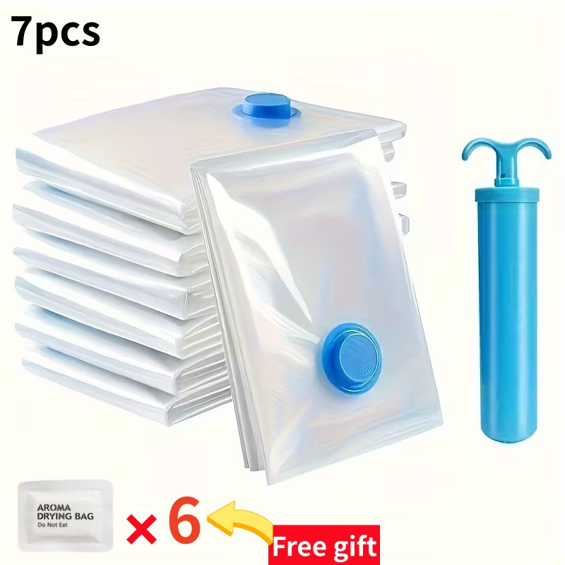 TEMU 7pcs Set (6 X Vacuum Storage Bags + 1 Manual Pump), Portable Plastic Travel Bag Clothes Storage Bag, Suitable For Blankets, Bedding, Clothes,