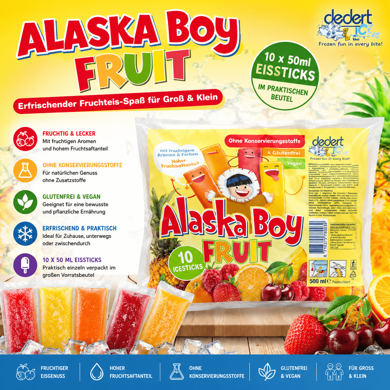 Image of Alaska Boy Fruit Ice Sticks 10 X 50 Ml – Freezing Fruit Ice Cream – Colorful Water Ice Sticks With Fruit Juice – Vegan Ice Snack For Kids & Adults – 500 Ml Family Pack
