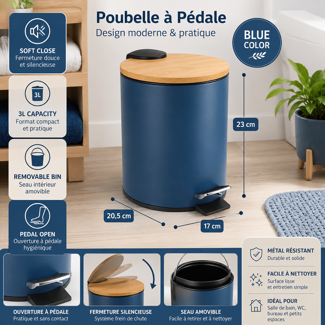 3-liter Pedal Bathroom Trash Can With Wood-look Lid, Soft Close, Blue Metal, Removable Bucket