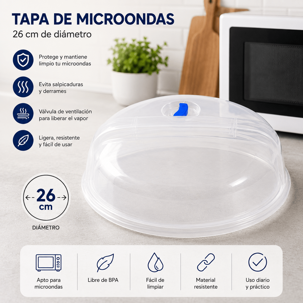TEMU para Microondas con Válvula de Vapor | Protector Antisalpicaduras Transparente | Libre de BPA | para Lavavajillas