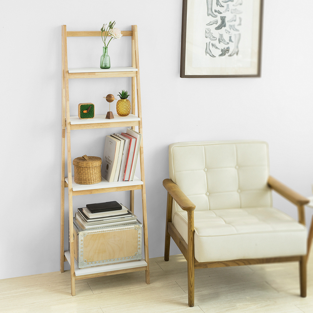 Image of 1pc Of Ladder Shelf, Standing Shelf, Bookshelf, Foldable Shelf With 4 Layers, 4-tier Space- Storage Shelf For Living Room, Study, Bathroom, Hallway, Bedroom, White Natural 42x140x34cm Sobuy - Gsh273-o