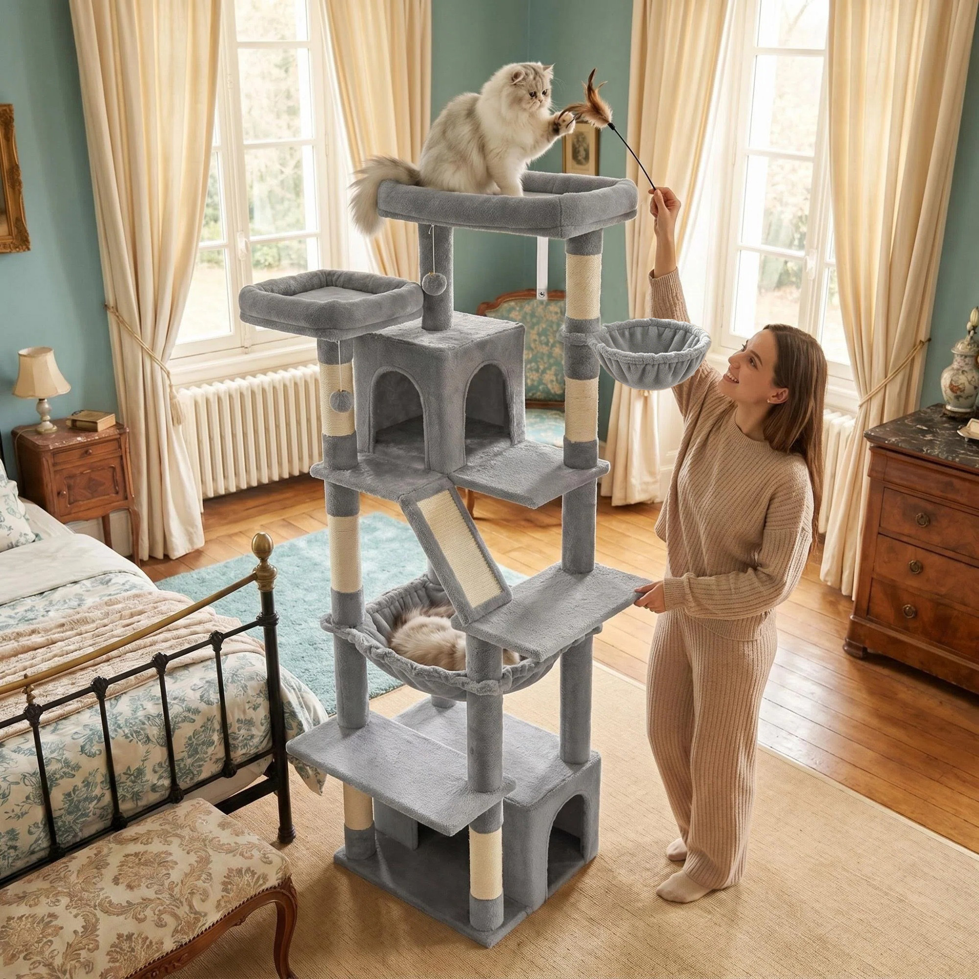 TEMU 181cm Achtlaags Extra-Hoge XL Krabpaal voor Alle Kattenrassen, Geïntegreerde Kolom en Ladder voor Krabben over het Hele Gebied, Dubbele Zone