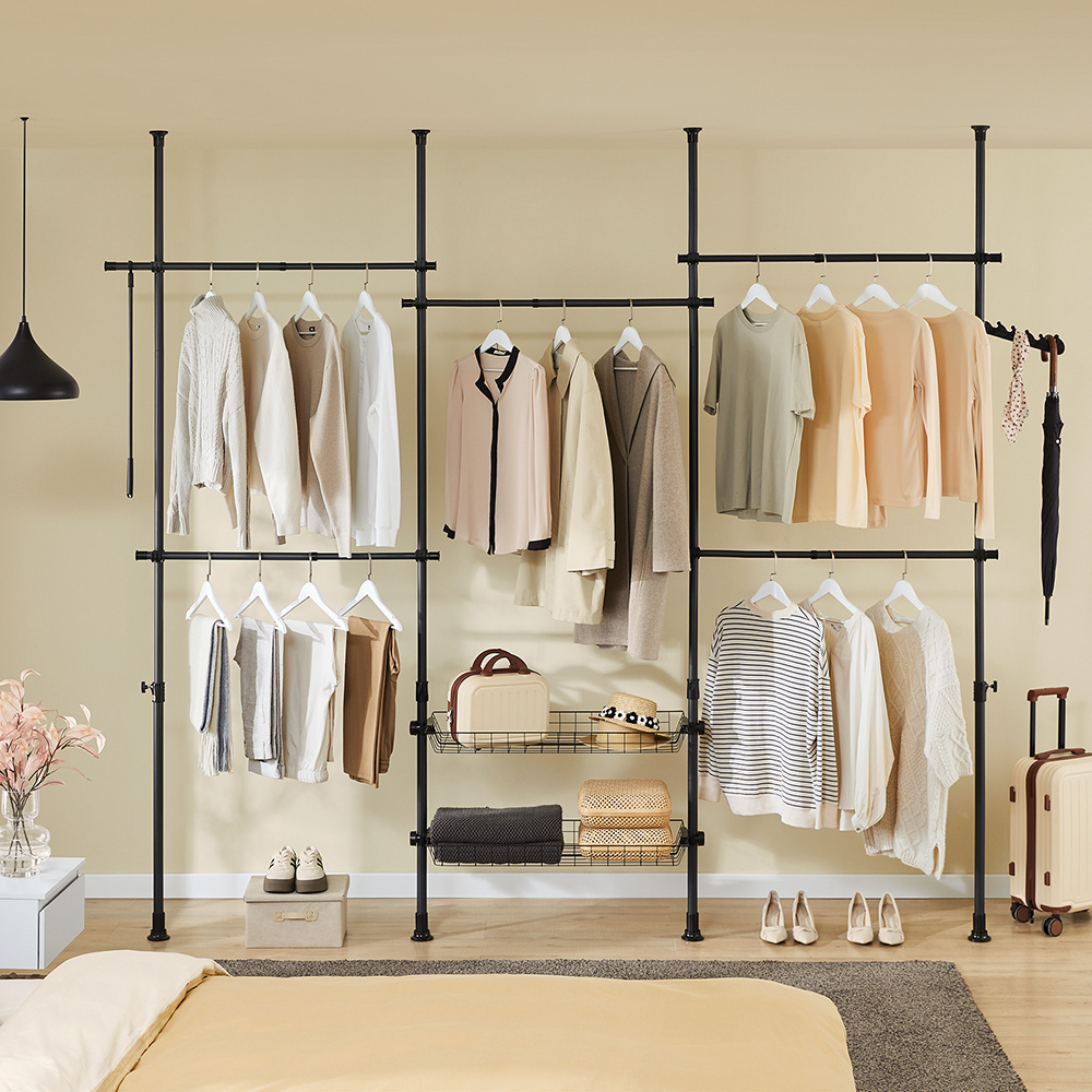 Image of 1pc Of Telescope Clothes Rack Open Wardrobe With 5 Clothes Rails 2 Storage Baskets Adjustable Wardrobe For Bedroom Dressing Room Black 209-311x200-295cm Sobuy Kls04-ii-sch