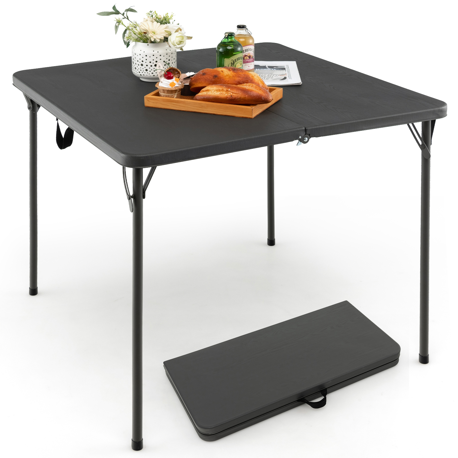 Outdoor Folding Camping Picnic Table, Fold-in-half Hdpe Patio Table With Metal Legs And Handle, Outdoor Dining Table
