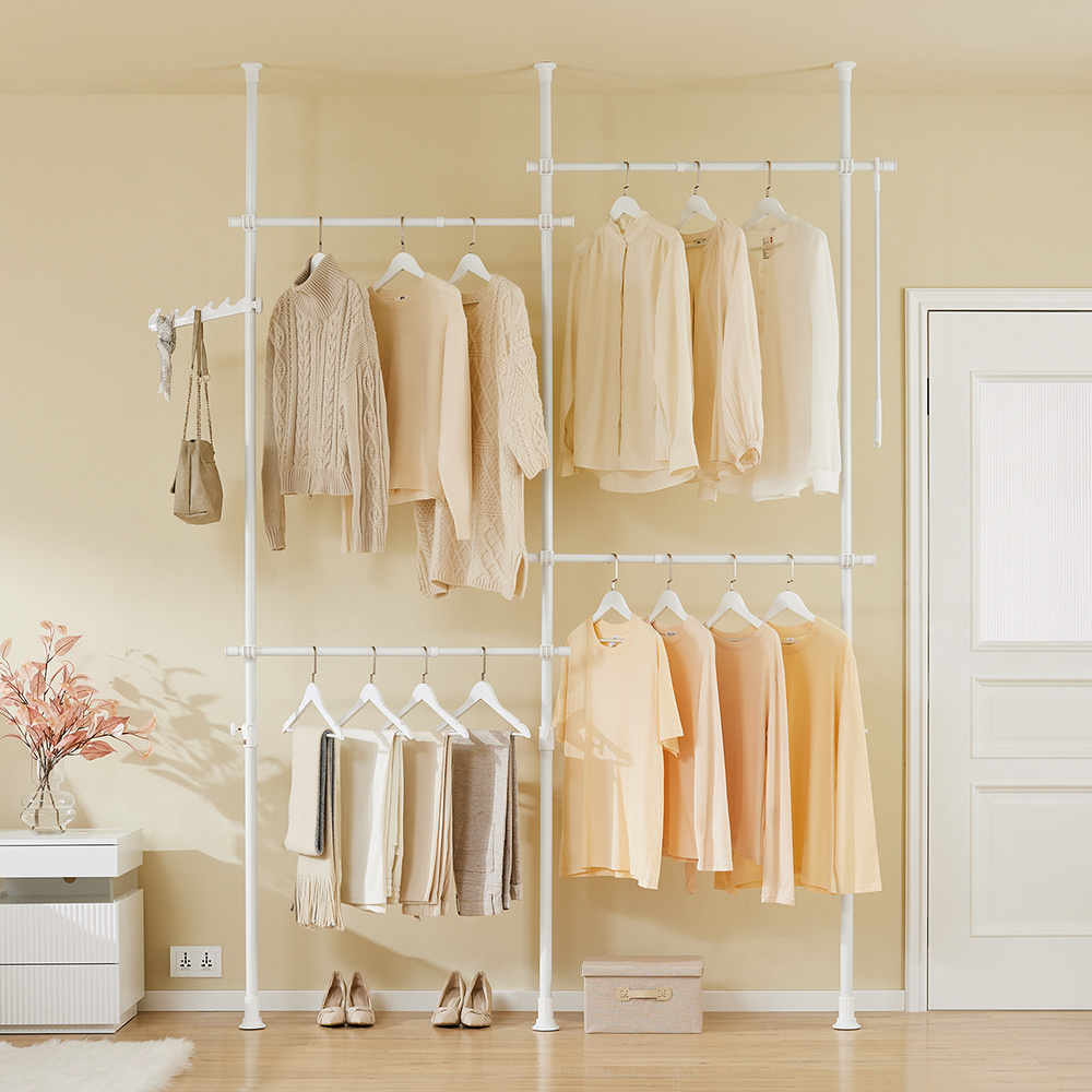 Image of 1-piece Telescopic Clothes Rack, Open Wardrobe Garment Rack With 4 Adjustable Hanging Rods, Clothes Organizer For Bedroom Or Dressing Room, White, 124-226x200-295cm, Sobuy
