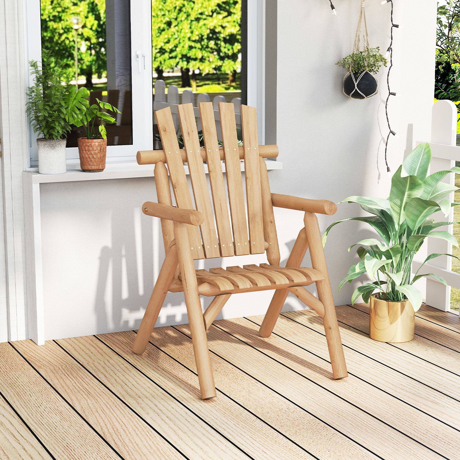 Image of Patio Chair, Fire Pit Lounge Chair With Slatted Backrest, Built-in Armrest And Curved Seat, Solid Wood Outdoor Armchair For Deck, Backyard And Garden