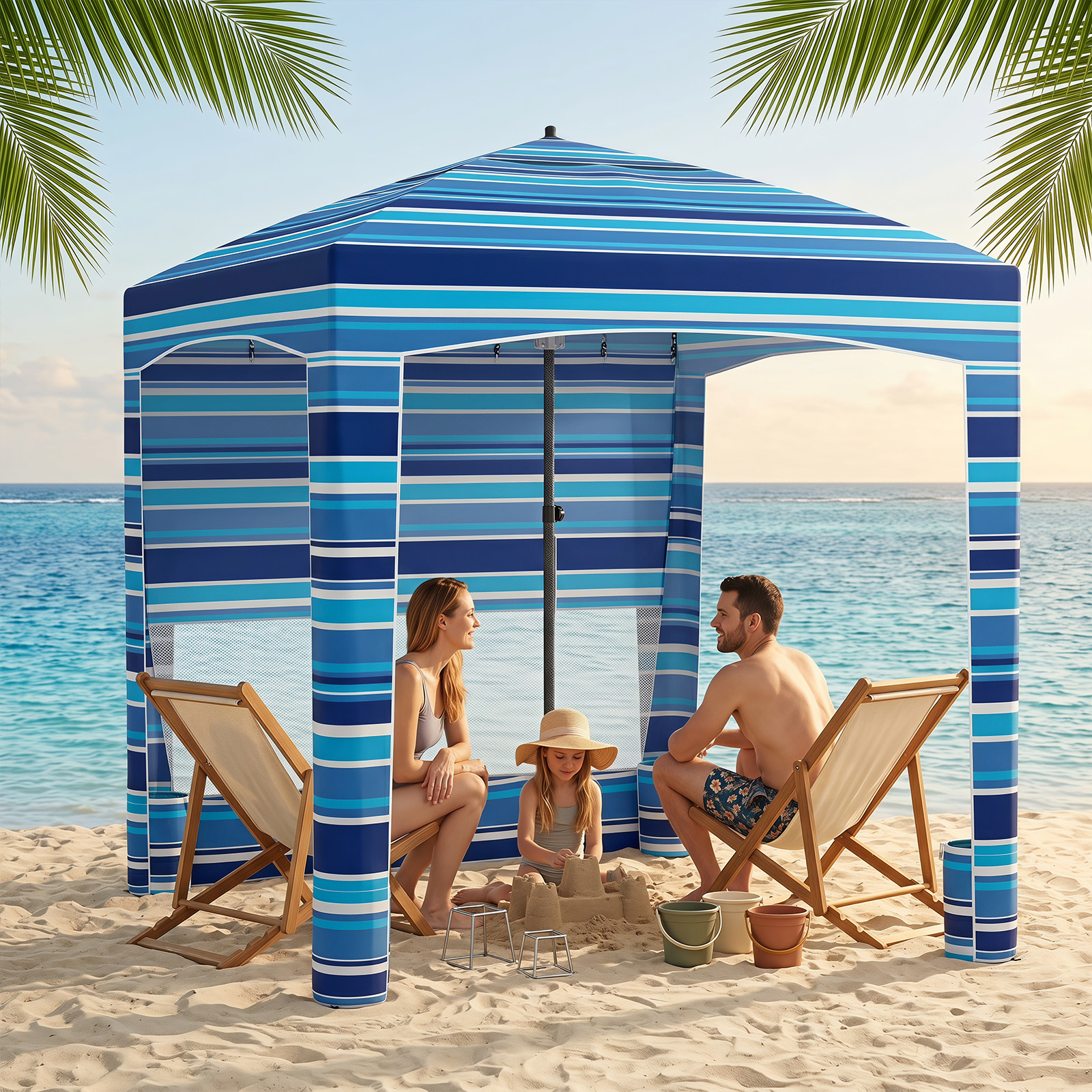 185cm Beach Cabana, Portable Canopy Tent W/ Removable , Sand Anchor, Sand Pockets, Storage Pockets, Hanging Hooks, Carry Bag, Sun-protection Adjustable Outdoor Shelter For Camping Picnic