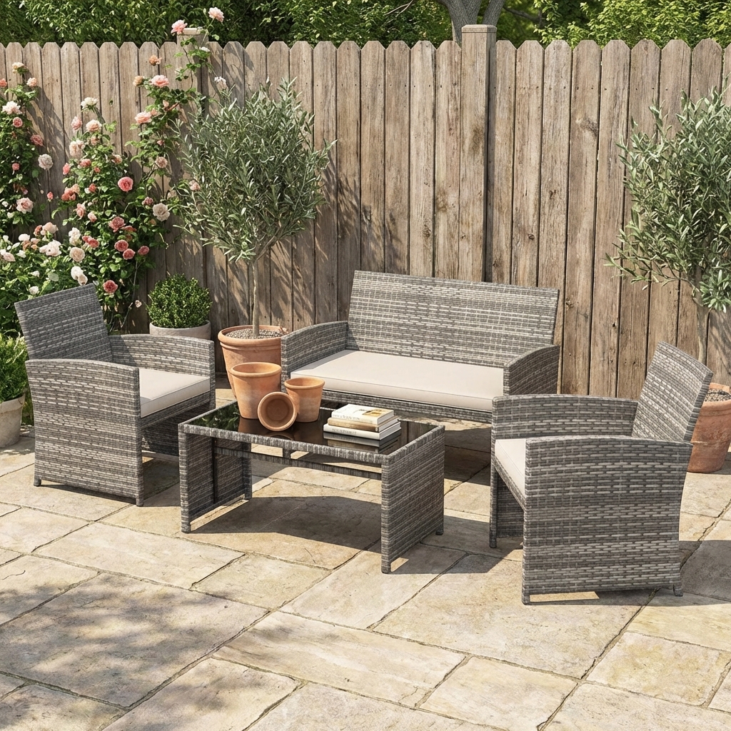 Image of 4-piece Garden Furniture Set, Outdoor Rattan Balcony Furniture With Tempered Glass Coffee Table, 2-seater Sofa, 2 Single Chairs, Cushions (grey + White)