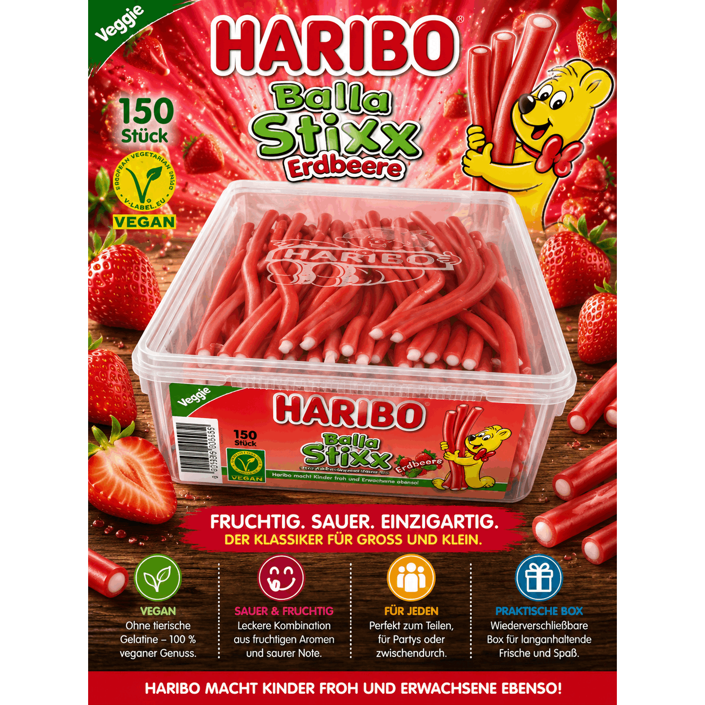Haribo Balla Stix Strawberry 150pcs 1125 G