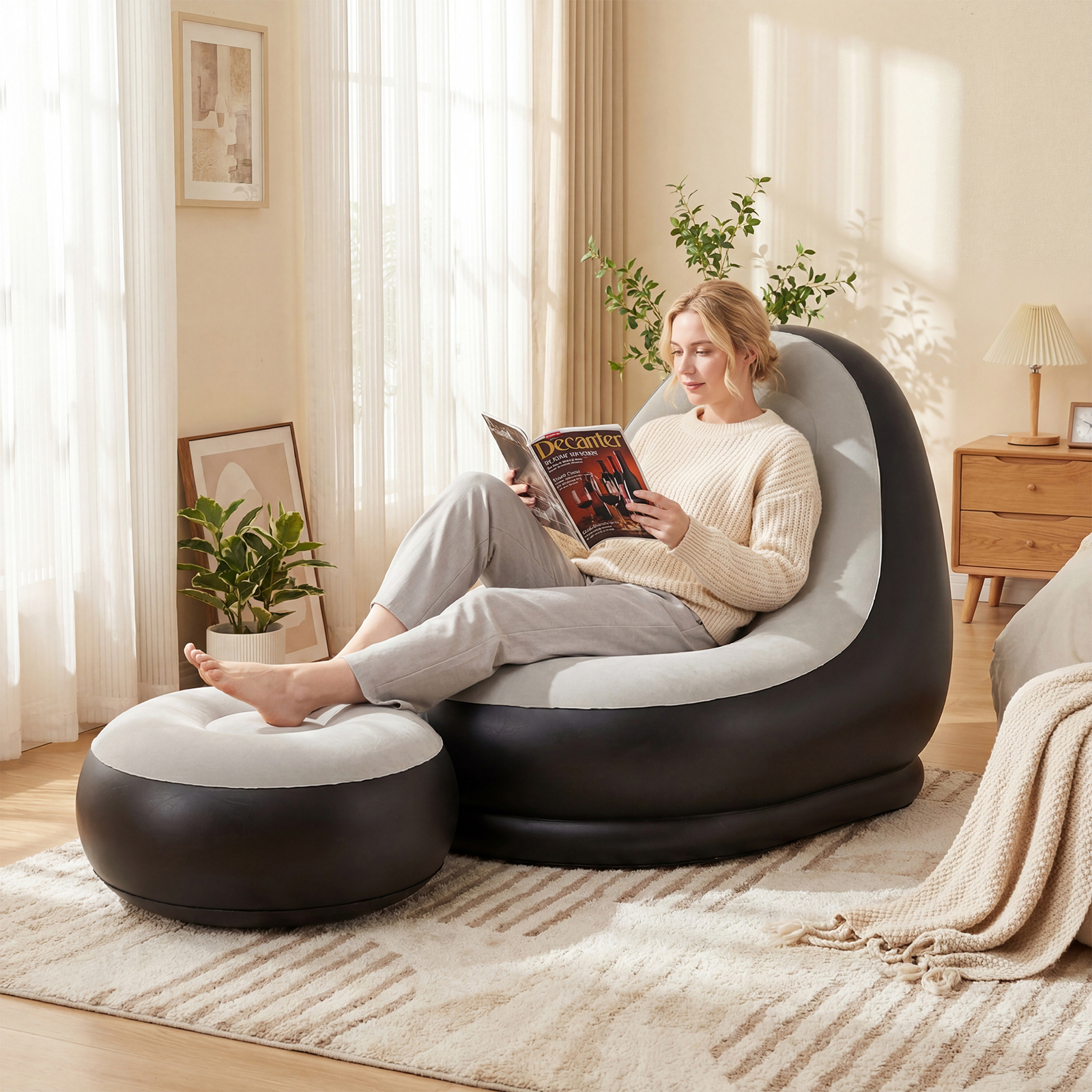 Image of Inflatable Lounge With Ottoman, Leisure Sofa Chair With Footstool, Cup Holder And Repair Patches, Portable Flocking Lazy Sofa104 X 126 X 89.5 Cm