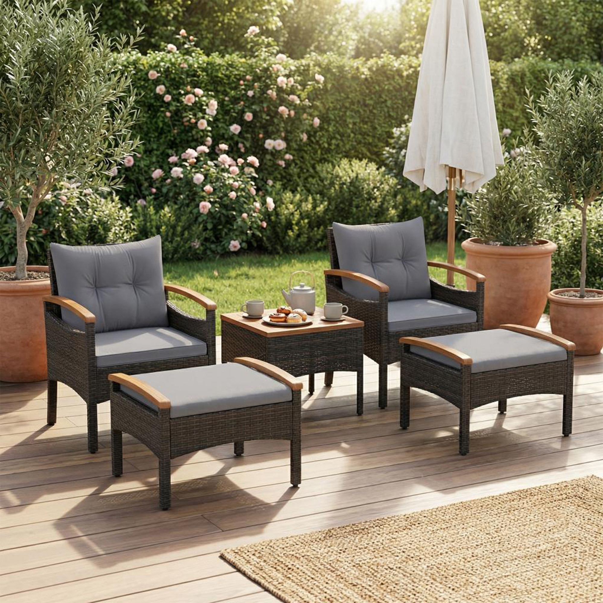 Image of 5pcs Patio Conversation Set, Wicker Furniture Set With 2 Armchairs, 2 Ottomans & Side Table, Outdoor Rattan Chair Set With Cushions & Acacia Wood Tabletop For Backyard, Porch
