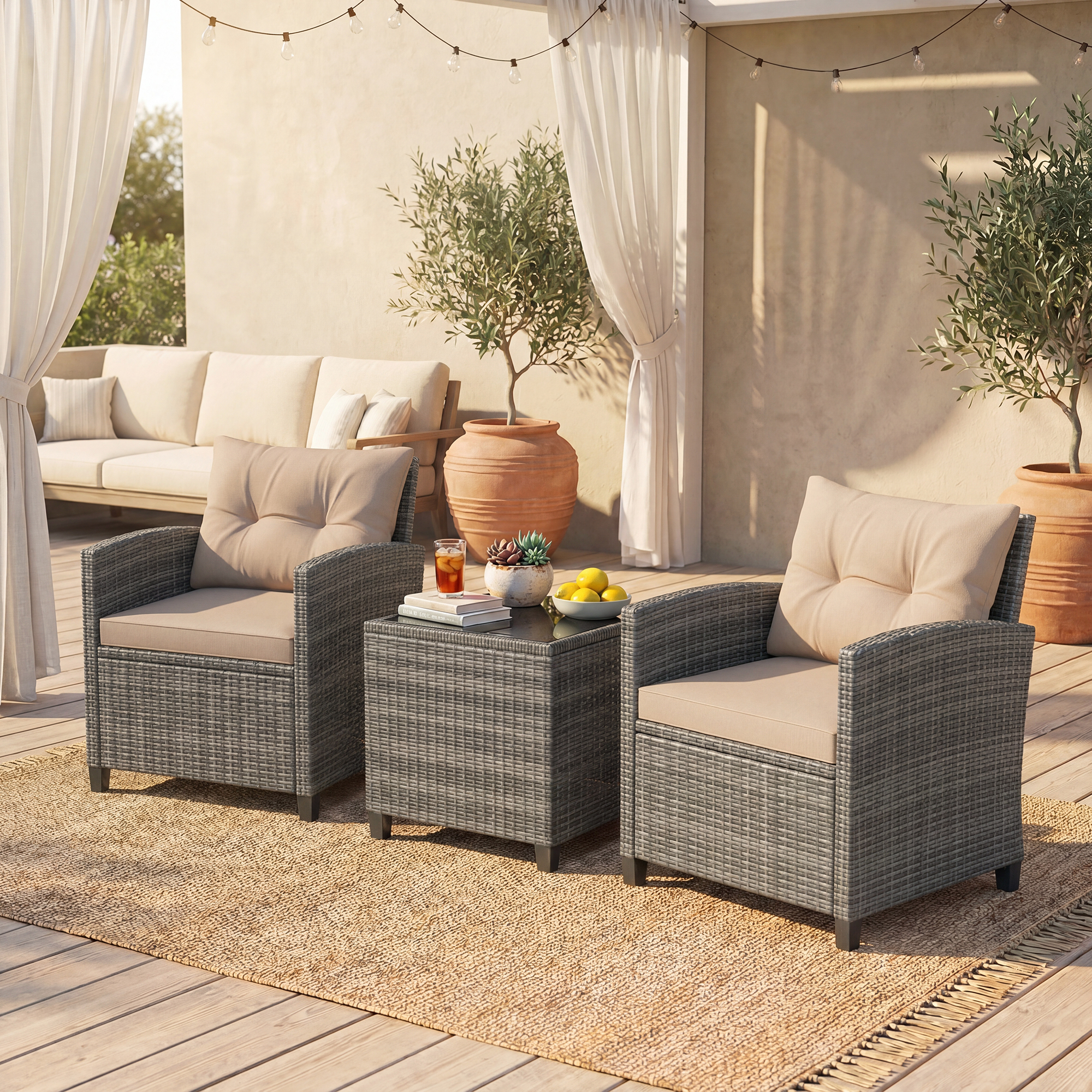 Image of 3 Pieces Patio Furniture Set, Pe Rattan Wicker Porch Chairs With Tempered Glass Table, Soft Back And Seat Cushionsmix Gray+earthy Yellow