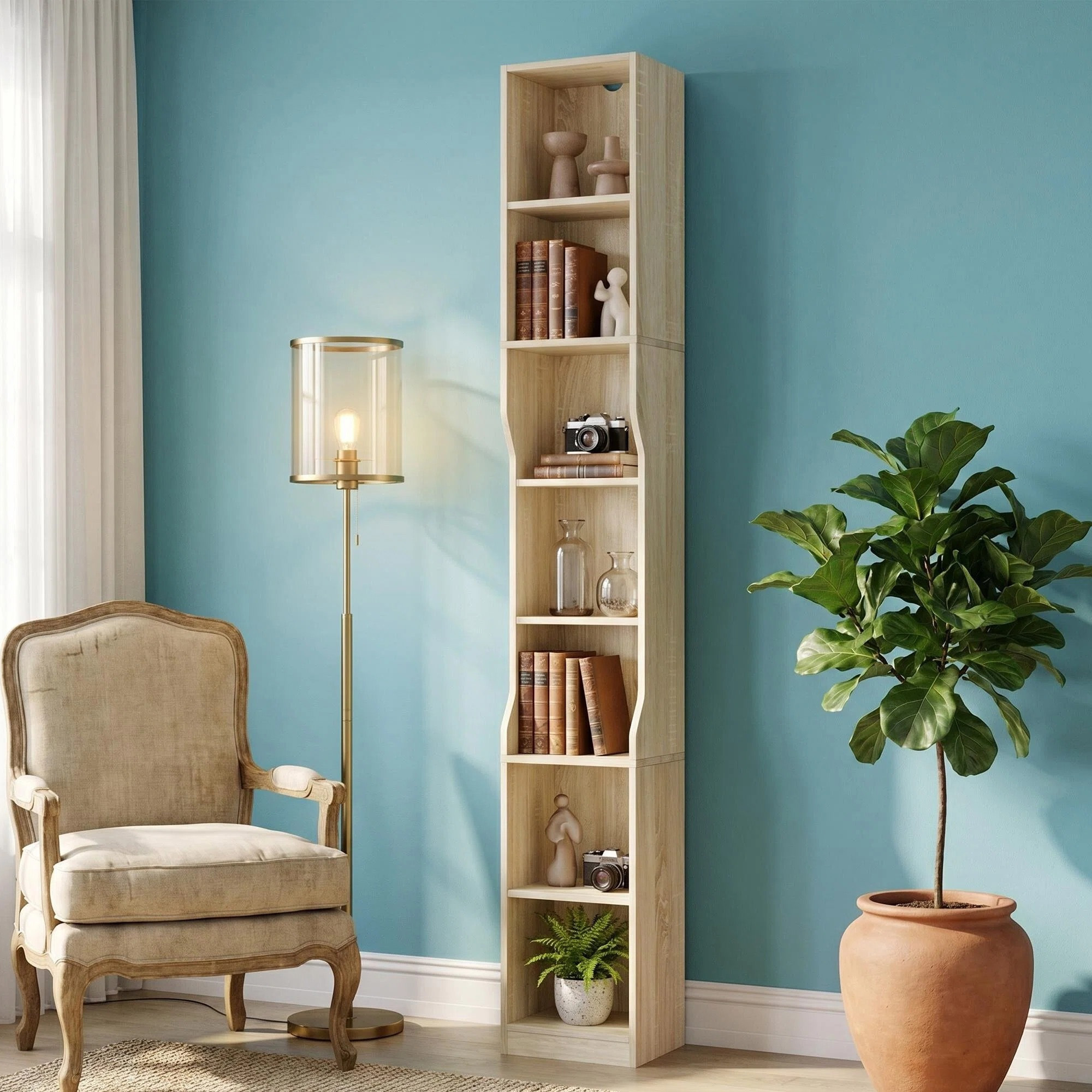 Image of 7-tier Ultra-narrow Bookcase With 28cm Wide Storage Rack, Gold-threaded White Oak Upright Storage Cabinet, 27.2 × 29.2 × 207.3 Cm