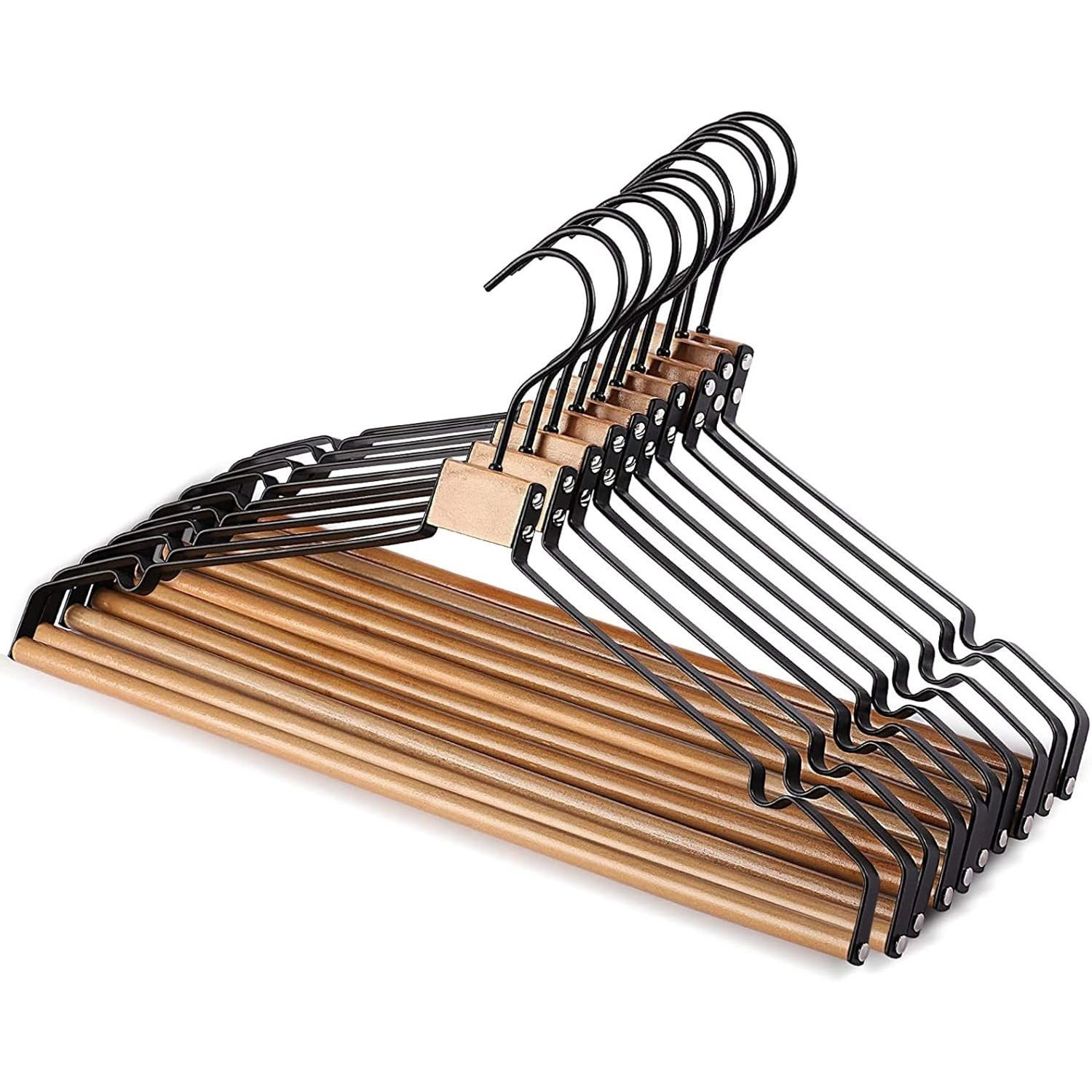 Image of 10 Pack Metal Hangers - Wooden Heavy Duty Hangers For Clothes Durable Wire Coat Hangers Adult Pant Hangers, Natural Wooden Hangers Clothes Hangers Trouser Hangers With Multi Function