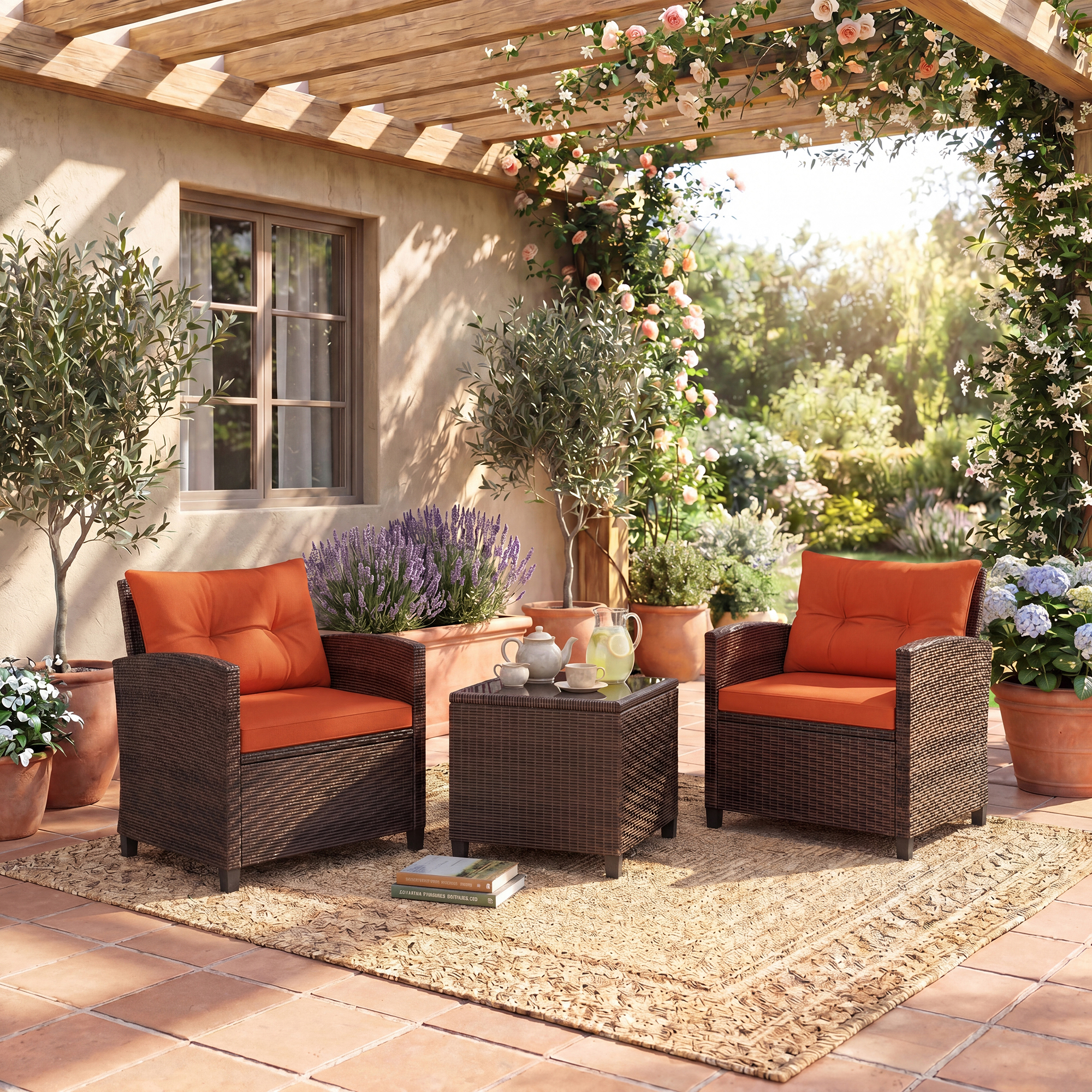 Image of 3pcs Patio Furniture Set, Pe Rattan Wicker Porch Chairs With Tempered Glass Table, Soft Back And Seat Cushionsmix Brown+orange