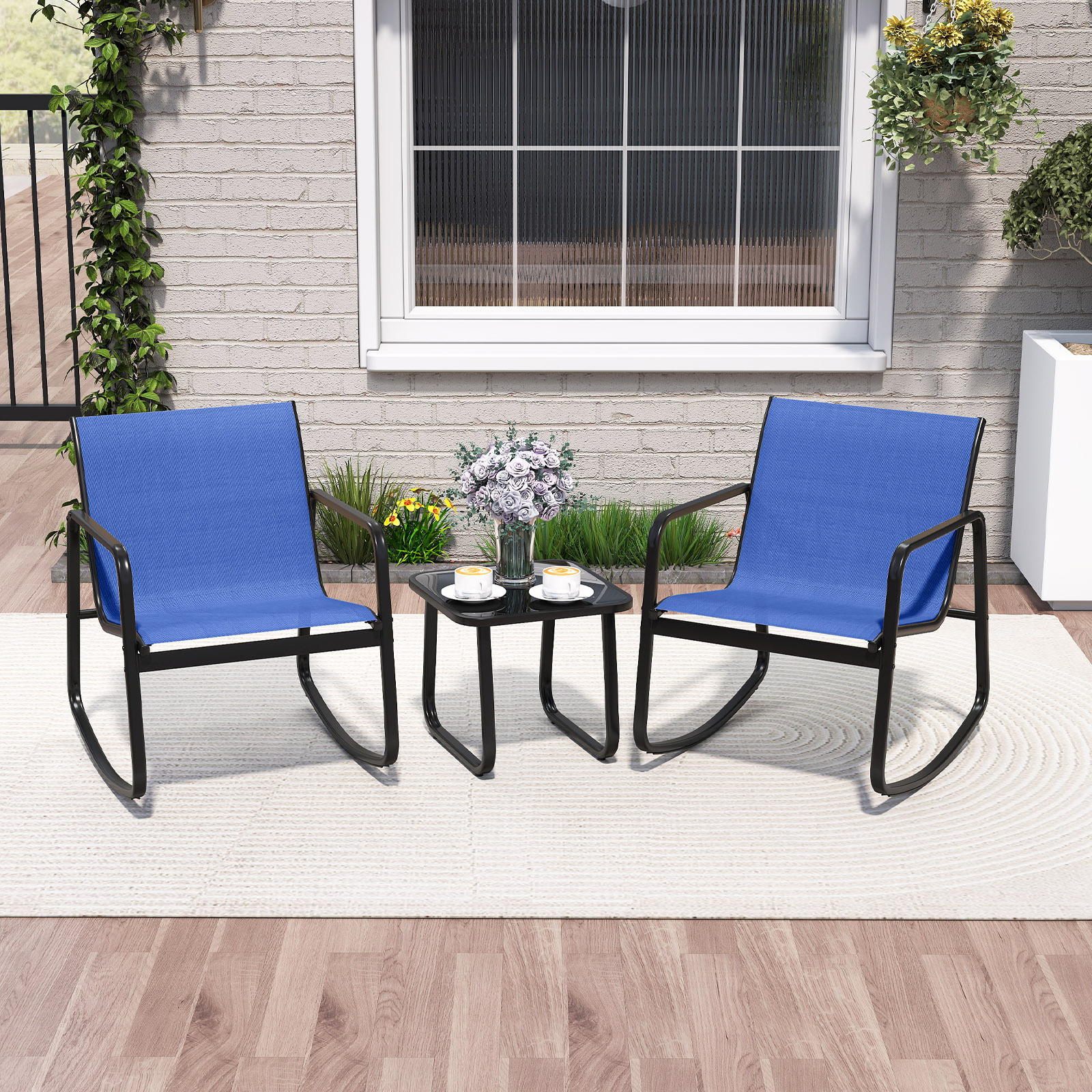Image of 3 - Tlg. Garden Furniture Set, Balcony Set With 2 Chairs And Table, Balcony Furniture With Gentle Rocking Motion, Terrace Furniture, Garden Furniture, Seating Group For Terrace, Balcony, Garden (blue)
