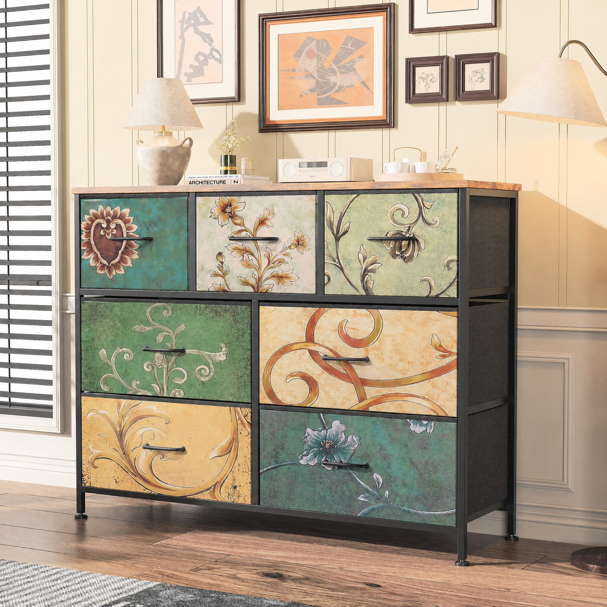 Image of Chest Of Drawers Vintage Floral Storage Cabinet 7 Drawers Storage Organiser Unit With Fabric Bins Wood Top Metal Frame For Bedroom Living Room Hallway (7 Drawers)