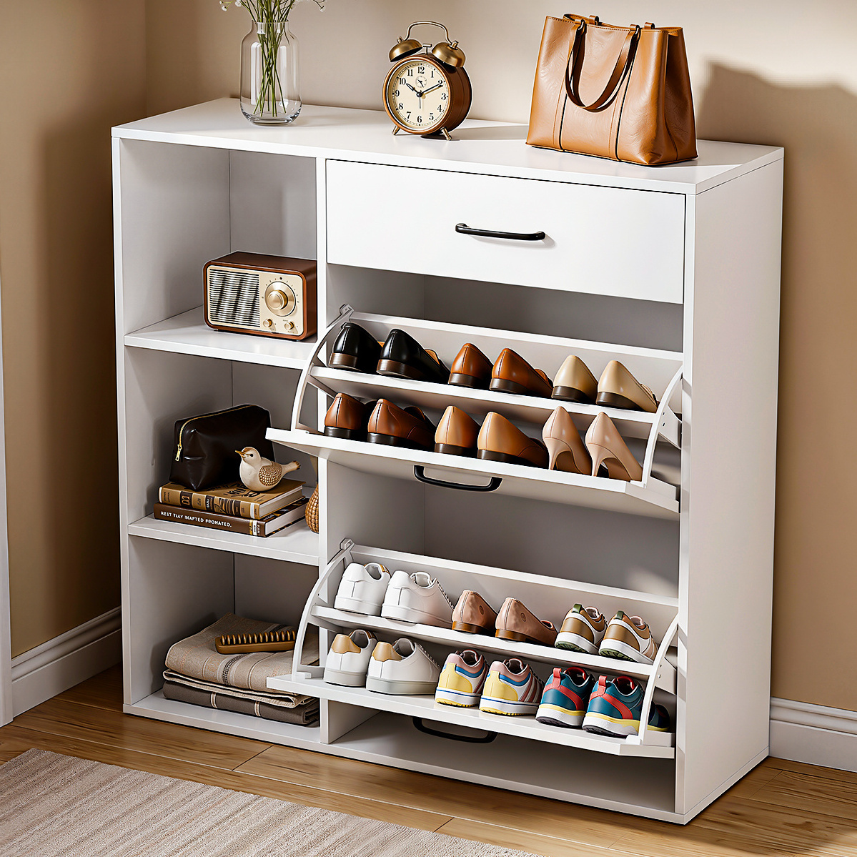TEMU Shoe Cabinet With 2 Flaps, Narrow Shoe Rack With Drawer And 3 Height-adjustable Storage Compartments, Freestanding Shoe Shelf For 15-18 Pairs Of