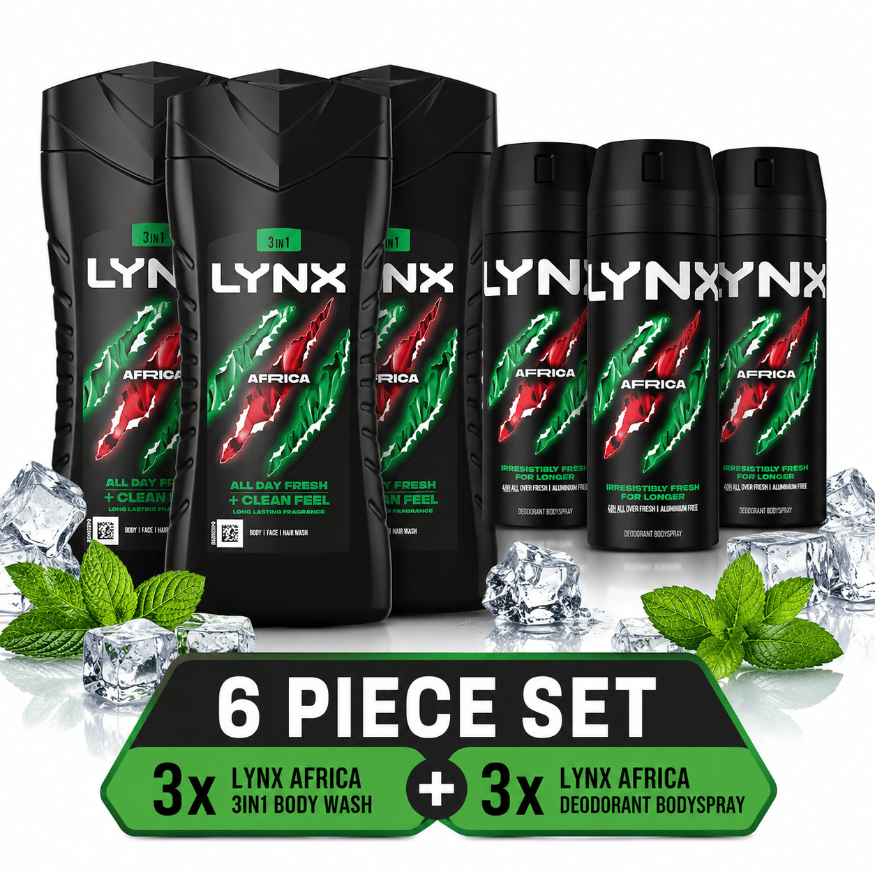 TEMU Lynx Africa Lover Set – 3 X 225ml 3 In Wash & 3 X 150ml Deodorant Bodyspray, 6pcs Set