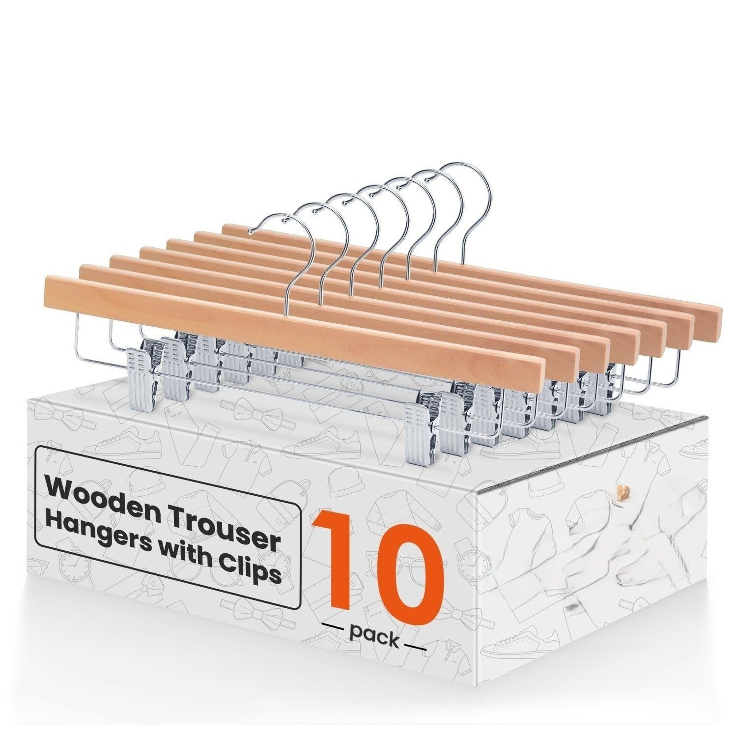 Image of 10-piece Set Wooden Hangers With Hooks – Premium Pant Hangers & Skirt Hangers For Shorts, Socks, Underwear & More | Natural Finish & Non-slip