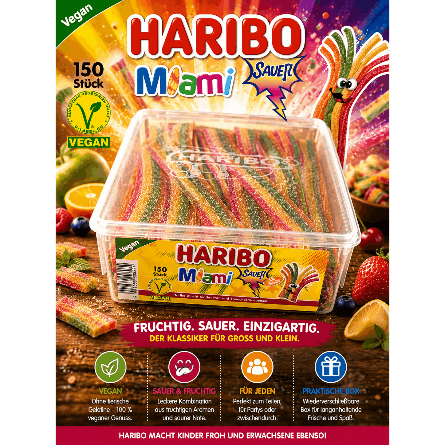 Image of Haribo - Pasta Basta Mix Miami Sour - Fruit Gum - Box With 150pcs - 1125g