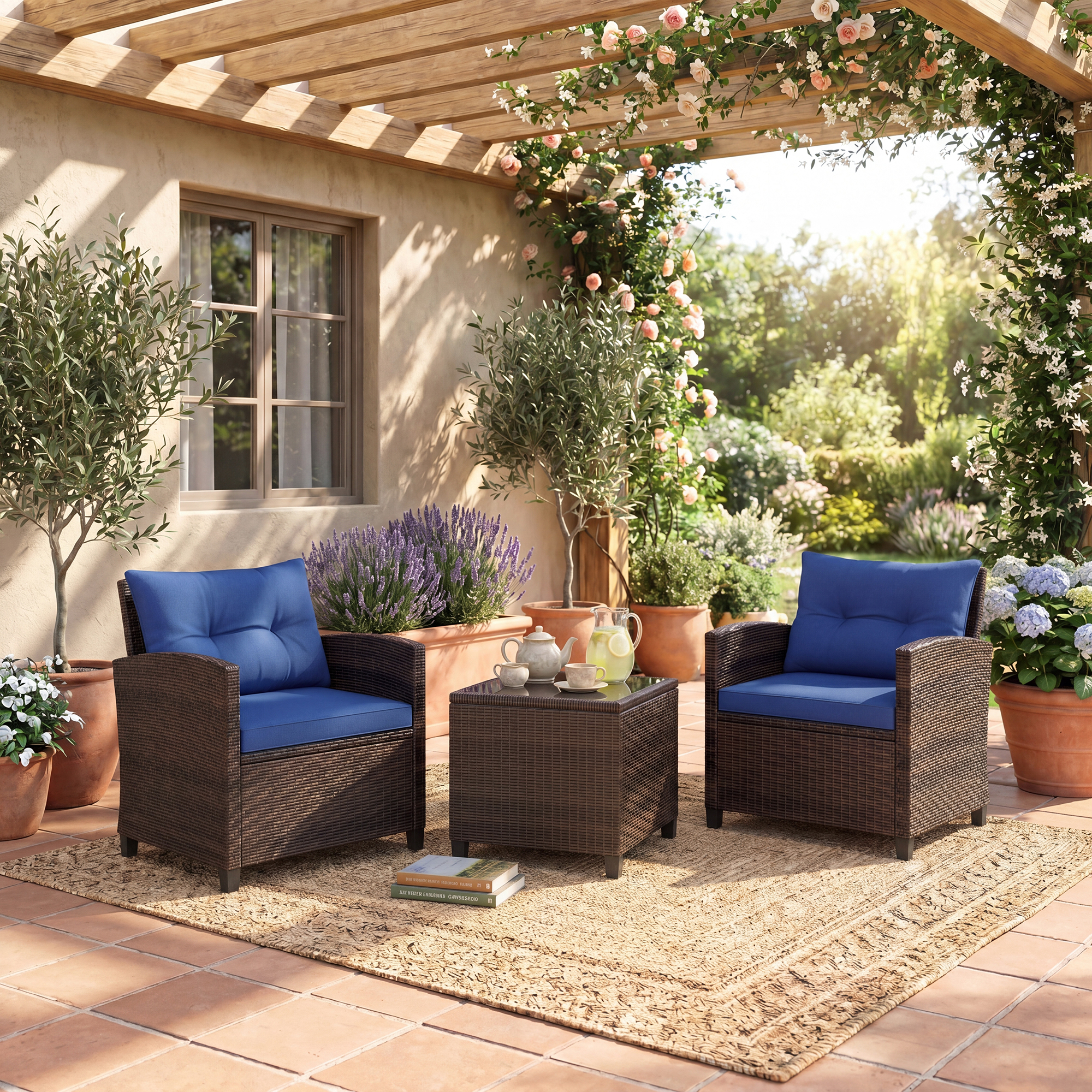 Image of 3 Pieces Patio Furniture Set, Pe Rattan Wicker Porch Chairs With Tempered Glass Table, Soft Back And Seat Cushions +navy