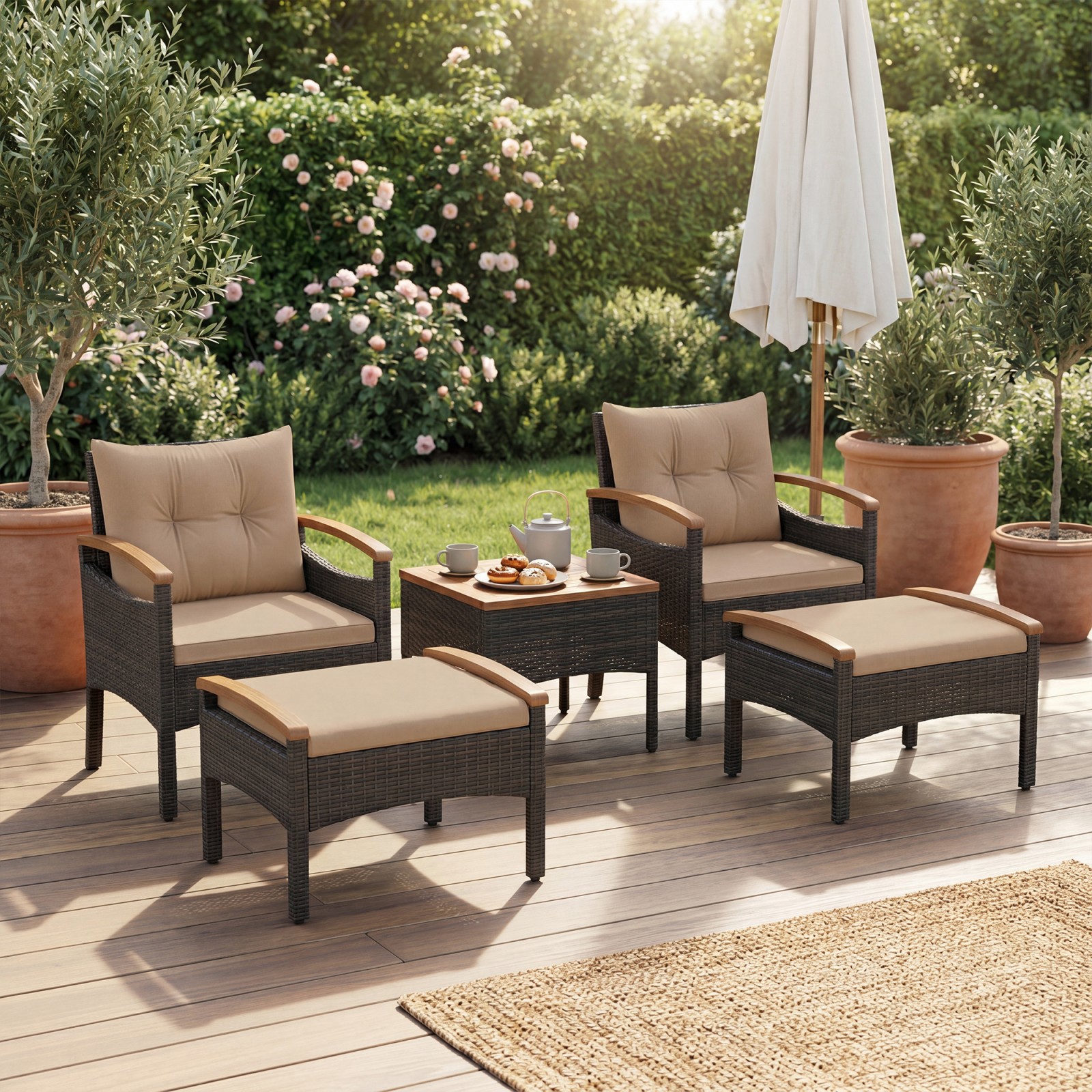 Image of 5pcs Patio Conversation Set, Wicker Furniture Set With 2 Armchairs, 2 Ottomans & Side Table, Outdoor Rattan Chair Set With Cushions & Acacia Wood Tabletop For Backyard, Porch