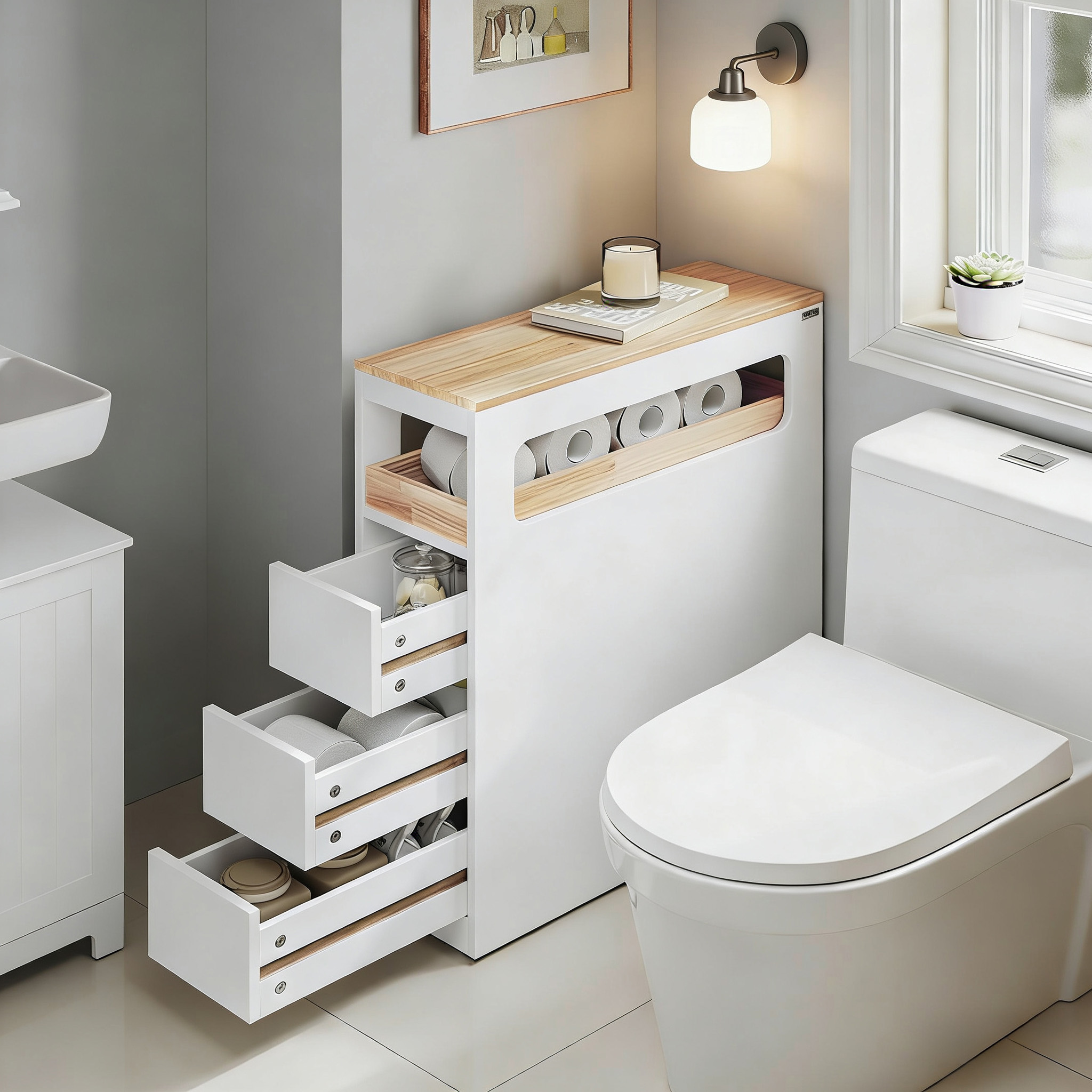 TEMU Meuble de salle de bain étroit à roulettes avec 3 tiroirs, meuble niche, commode en bois, de place, rangement stable pour petites de bain, WC,