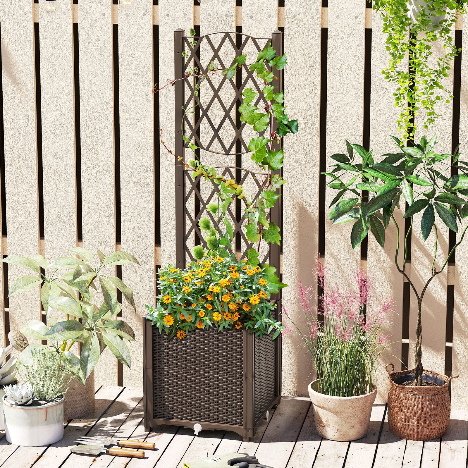 Image of Flower Box With Trellis, Planter For Climbing Plants, Raised Bed With Espalier, Flower Pot For Garden, Yard, Balcony, Garden Trellis Planter With Self-watering (brown, 40 X 40 X 140 Cm)