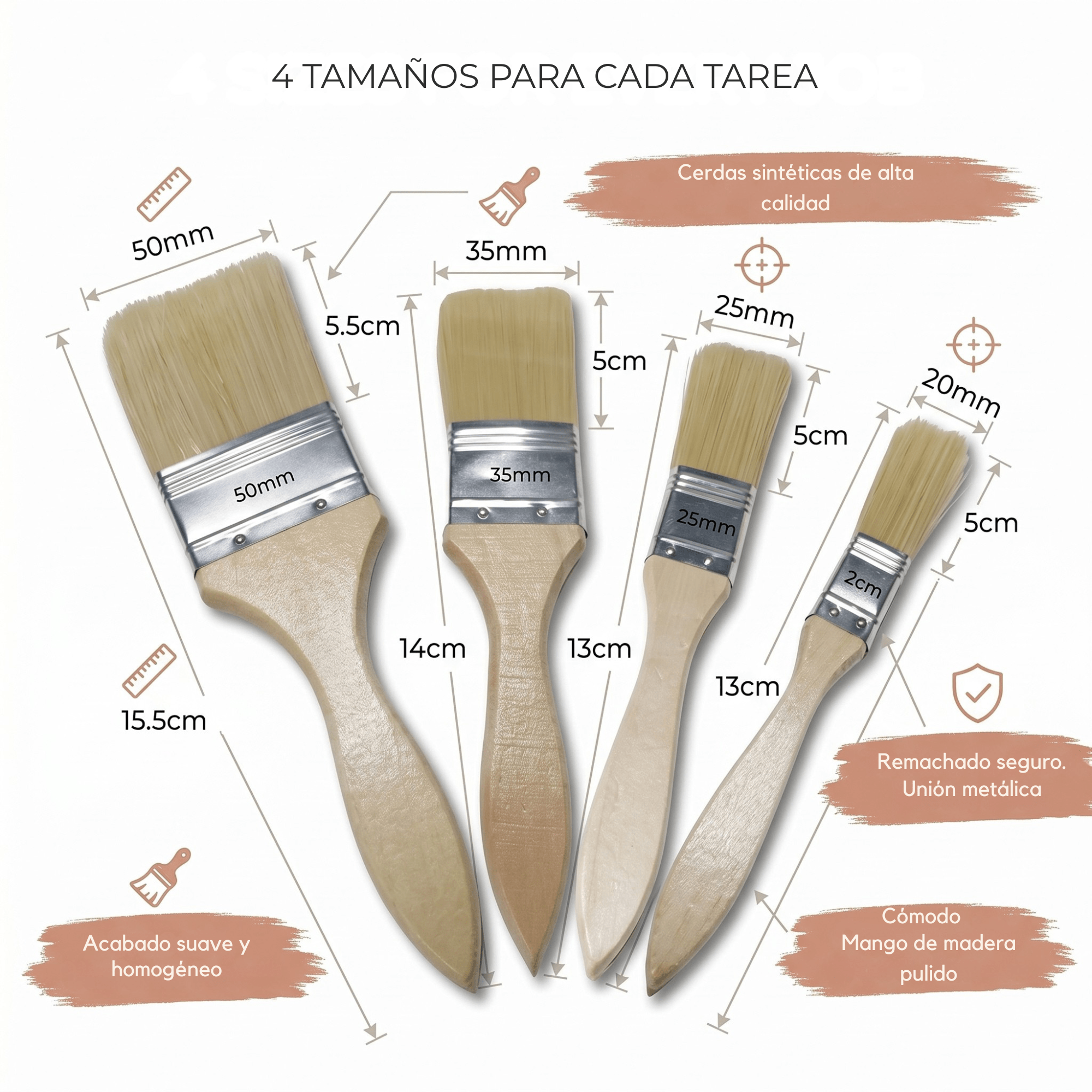TEMU Set de Brochas para Pintura – 4 Piezas de 50mm a 20mm – para Paredes, Muebles y Manualidades – Cerdas Sintéticas – Mango de Madera Ergonómico –