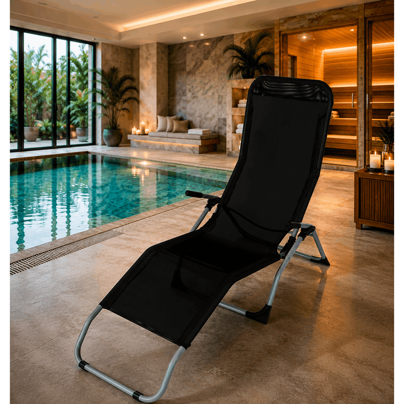 Image of Foldable Garden Lounger Sauna Lounger With Ergonomic Tilt Function – Relax Lounger Made Of Steel & Textile Fabric, Weather-resistant, Black