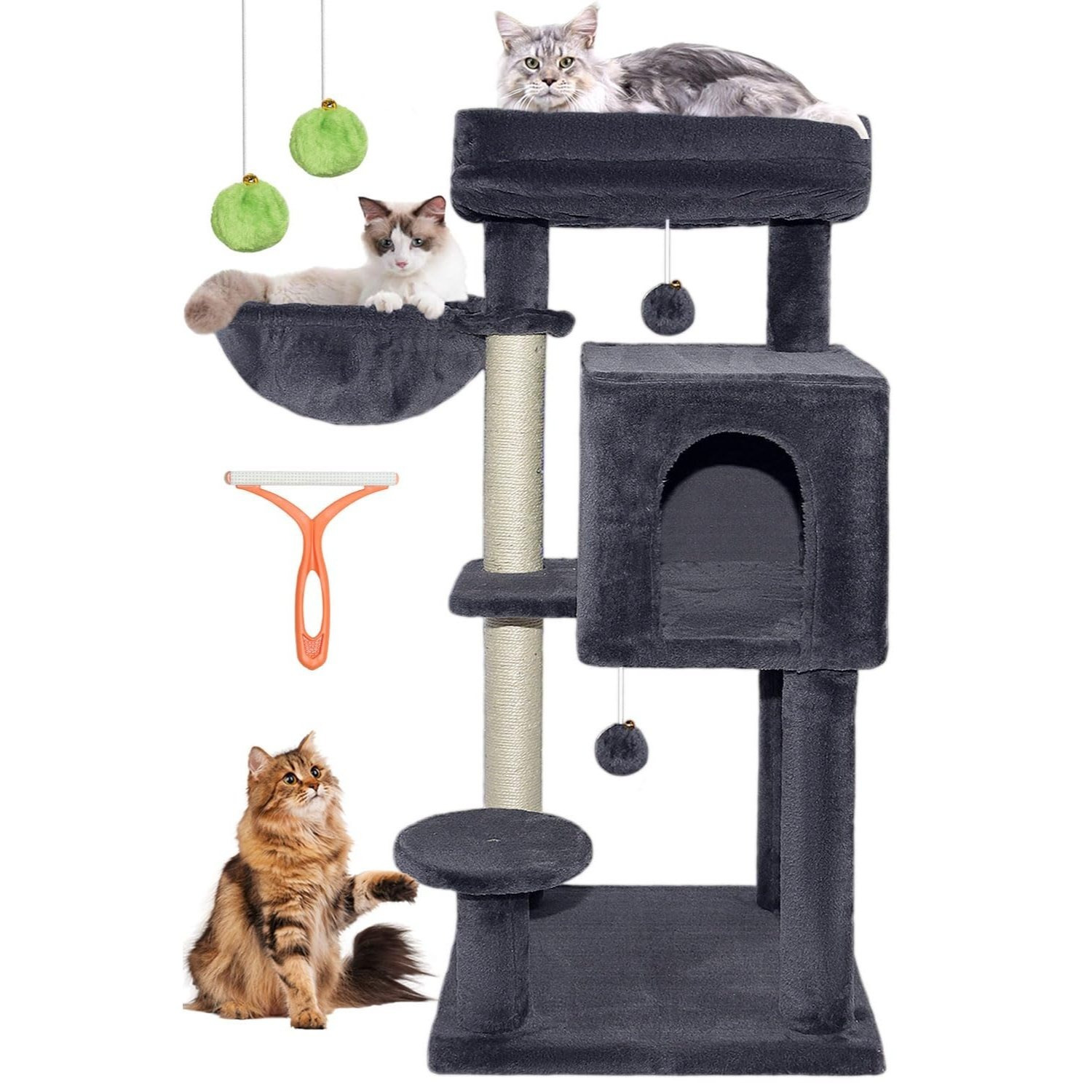 Image of Scratching Post, 95cm High Cat Tree With Large Platforms, 2 Sisal Stems, Cave, Basket, Plush Balls, Hammock, Cat Brushes, And Protection For 10 Kg Cats