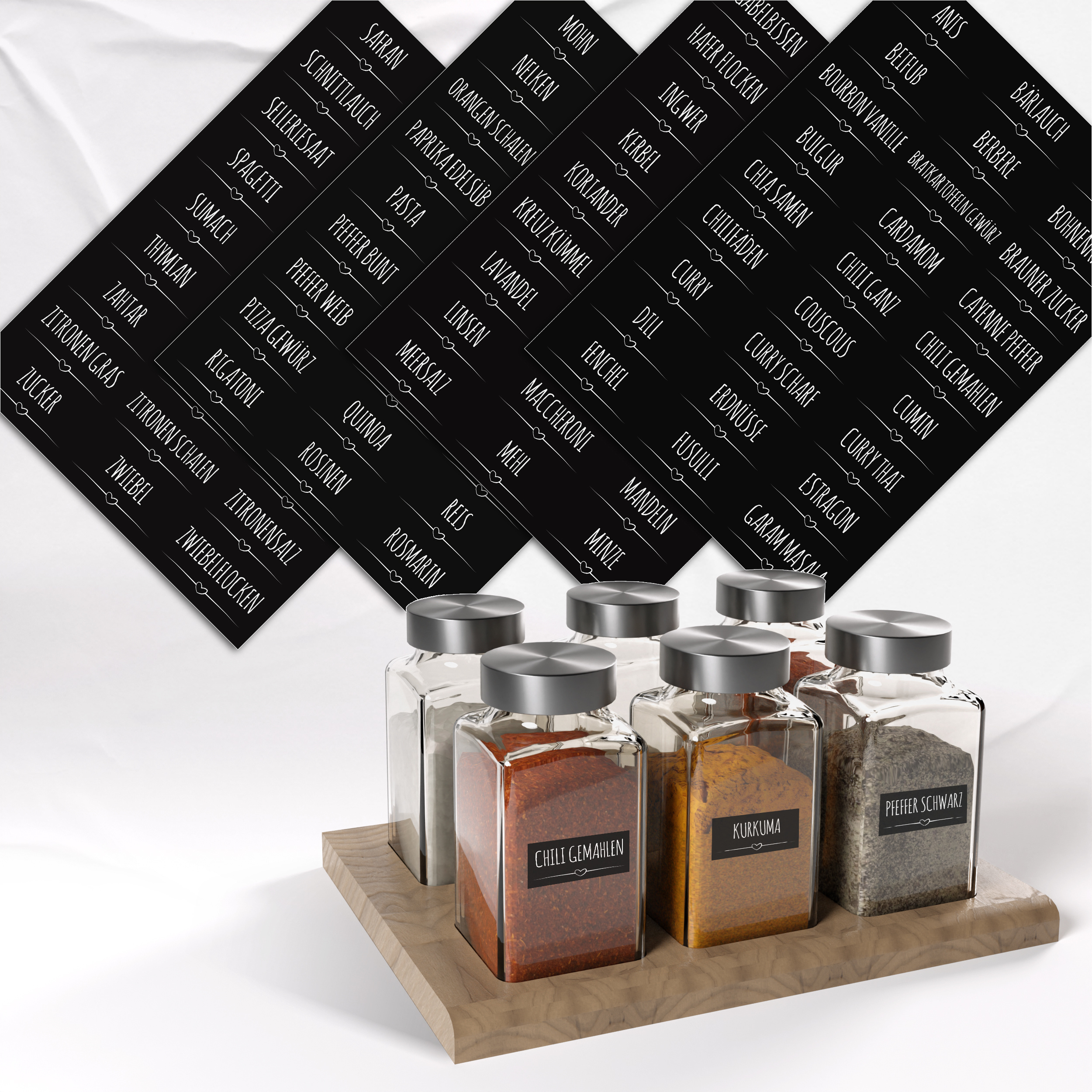 Image of Colortouch Self-adhesive Spice Labels - Spice Sticker Labels - 108-piece Stock Labels (german) - Spice Jar Labels - Spice Stickers - Waterproof Kitchen Labels - Black