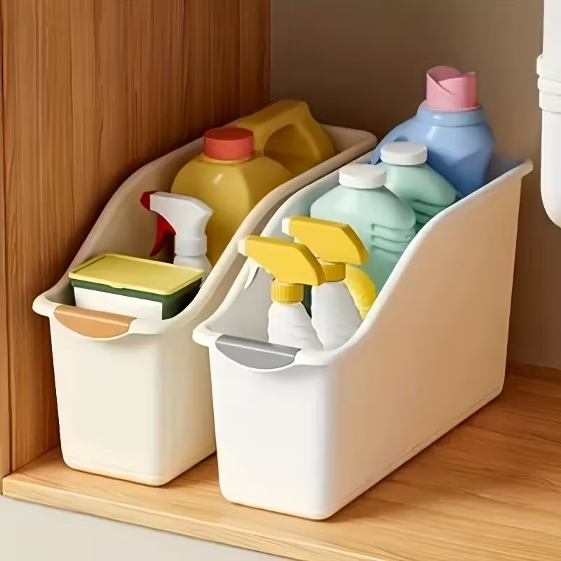 TEMU 2pcs/3pcs Curved Design Storage Boxes - Heavy-duty Plastic Organizer, White Cream Yellow Space-saving Container For Under Sink, Pantry & Cabinet