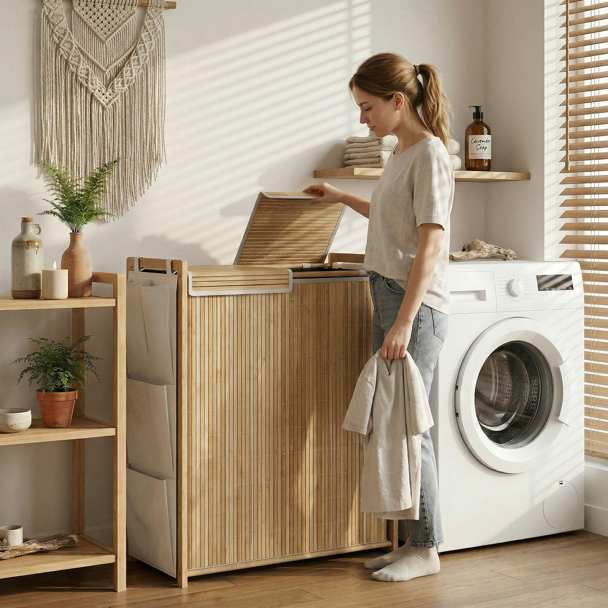 Laundry Basket With Lid 120l Laundry Collector Made Of Bamboo With Handle, Removable Cord Zipper Bag And Side Storage Pockets, For Laundry Room Bedroom Bathroom, Natural Wood