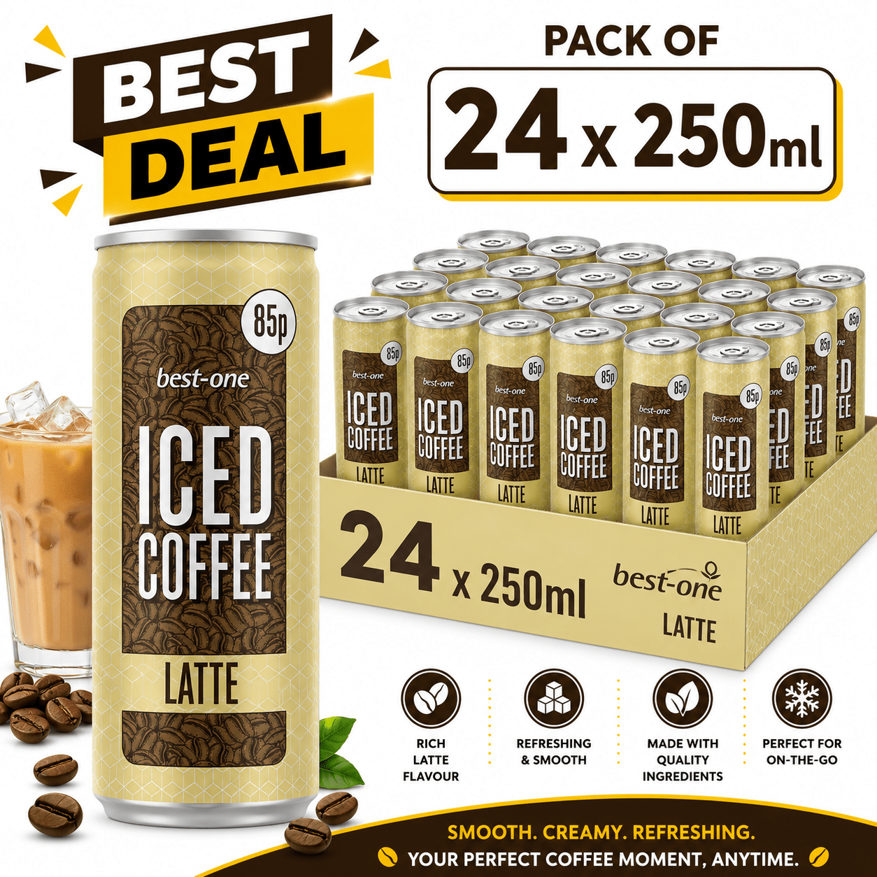 TEMU Best-one Iced Coffee Latte 250ml Slim Cans – Available In Packs Of 12 Or 24, Ready-to-drink Coffee