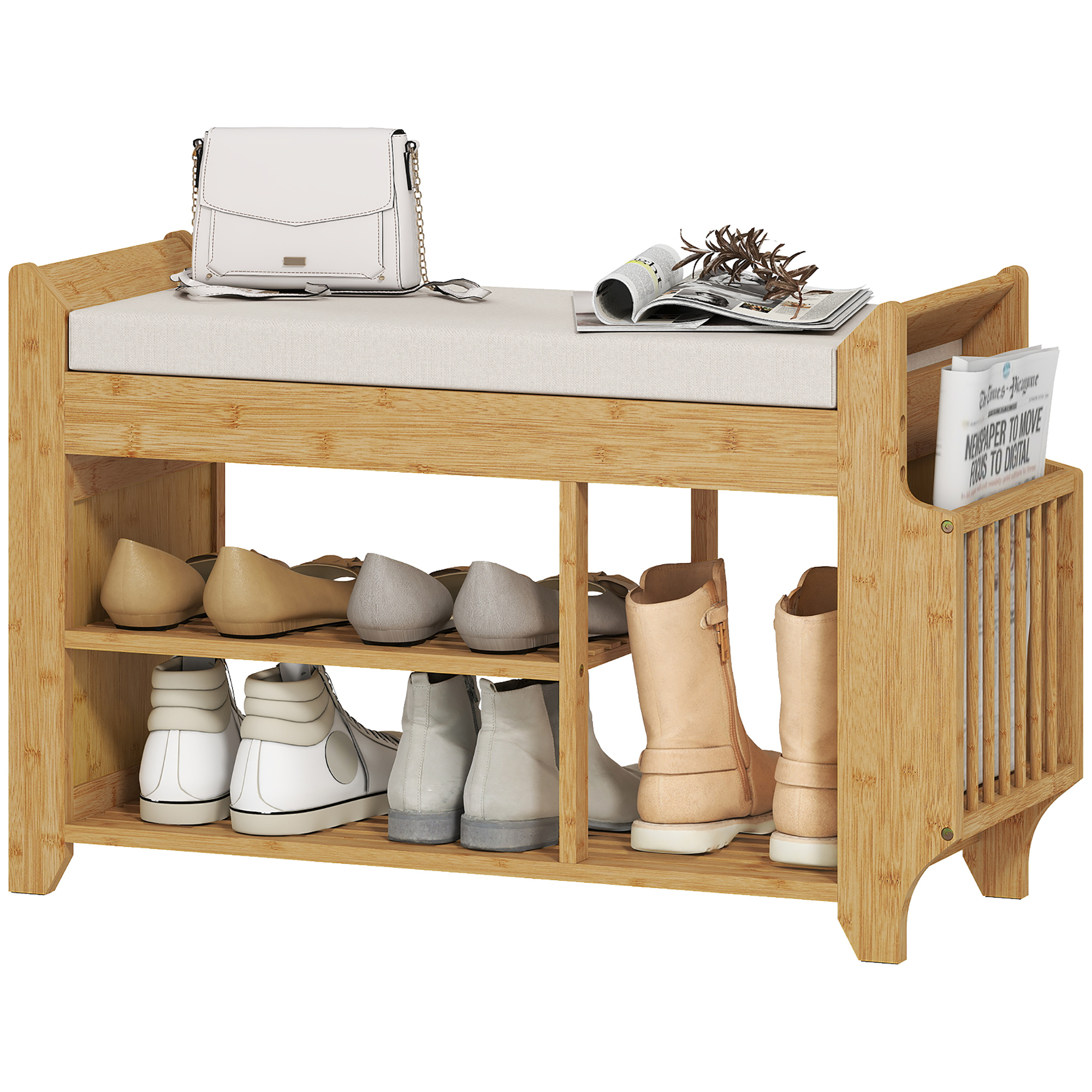 Image of Homcom Shoe Bench, Entryway Bench With Padded Seat, Side Storage, Boot Rack, Bamboo Frame, For Entryway, Hallway, Living Room, 80x30x50 Cm, Natural And Beige
