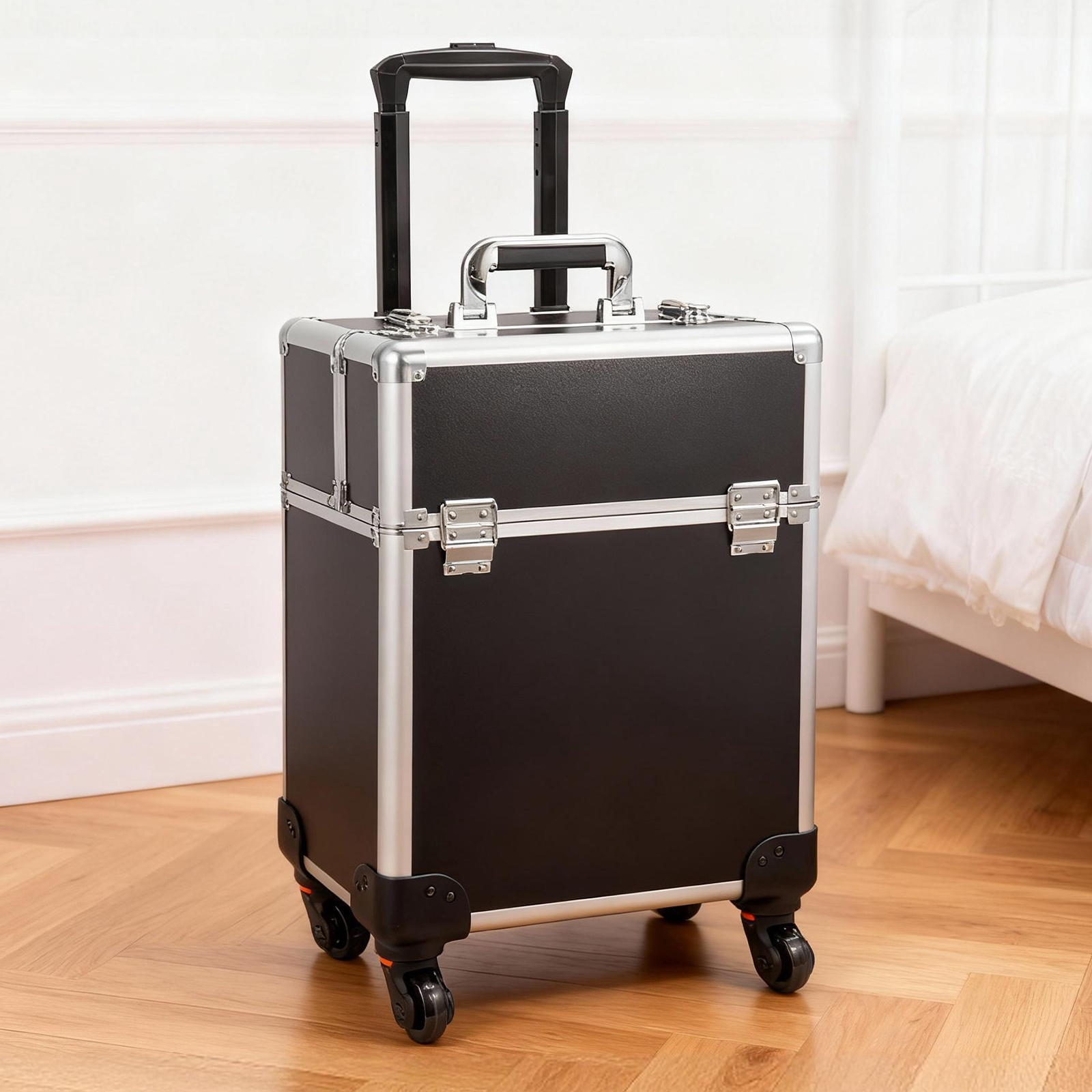 Image of Aluminum Cosmetic Case With Wheels – Large Makeup Trolley, Makeup Case For Hairdressers, Nail Designers, And
